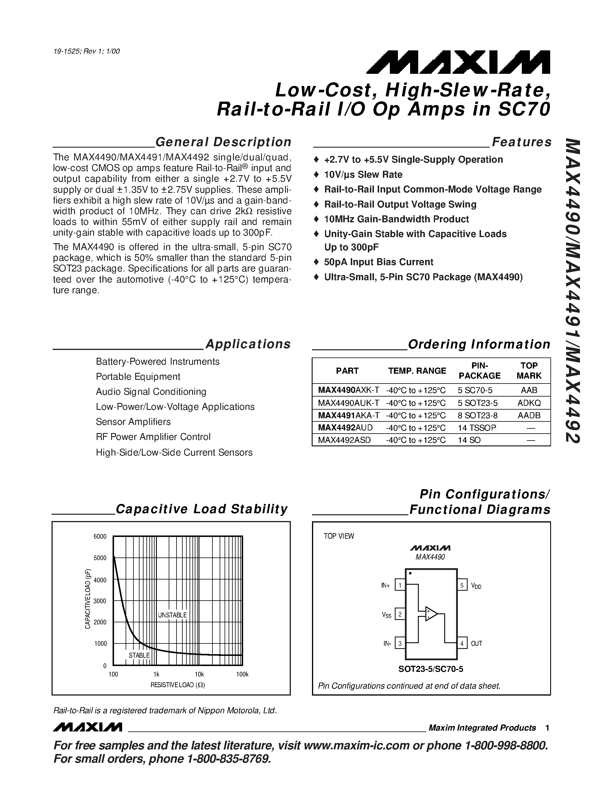 Datasheet MAX4490 - Low-Cost / High-Slew-Rate / Rail-to-Rail I/O Op Amps in SC70 page 1