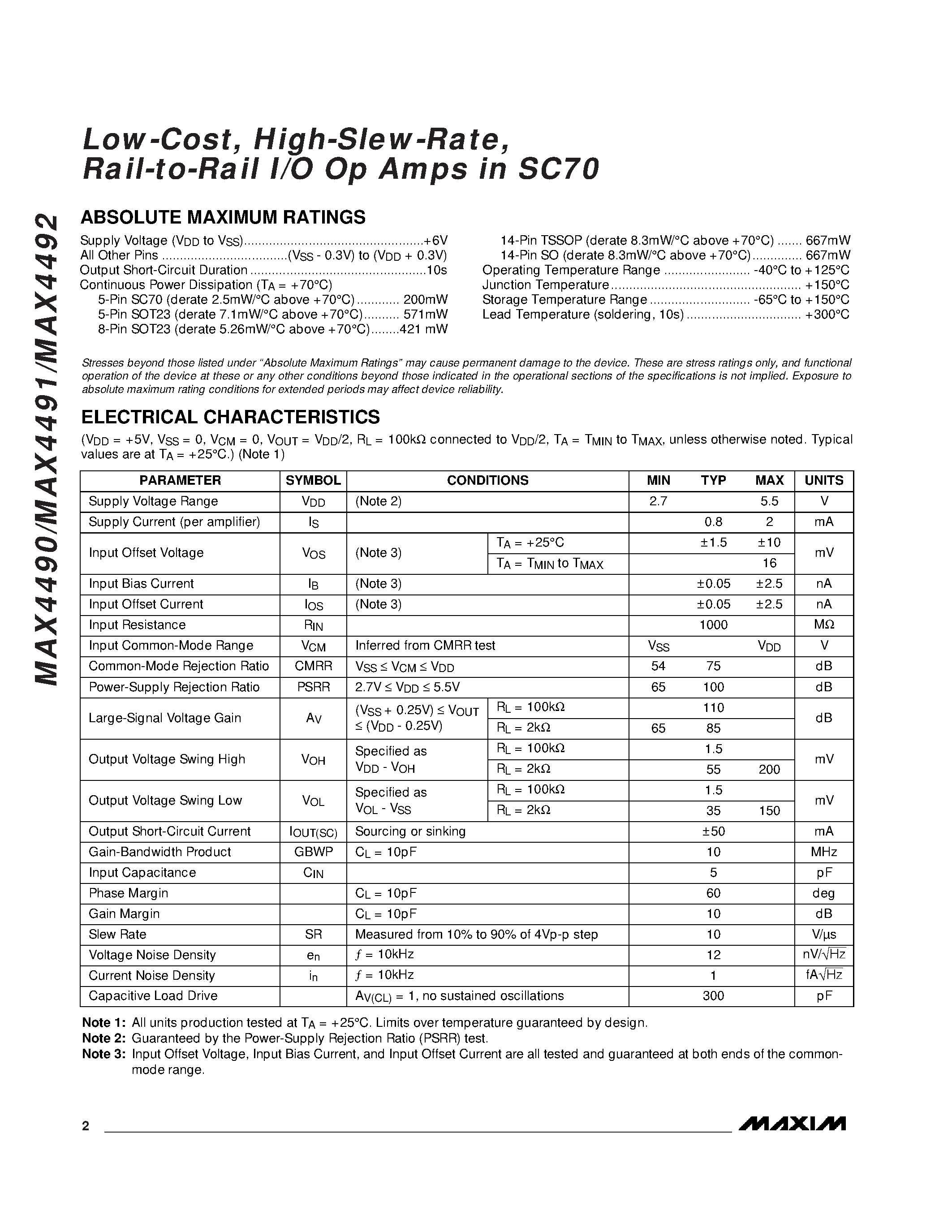 Datasheet MAX4490 - Low-Cost / High-Slew-Rate / Rail-to-Rail I/O Op Amps in SC70 page 2