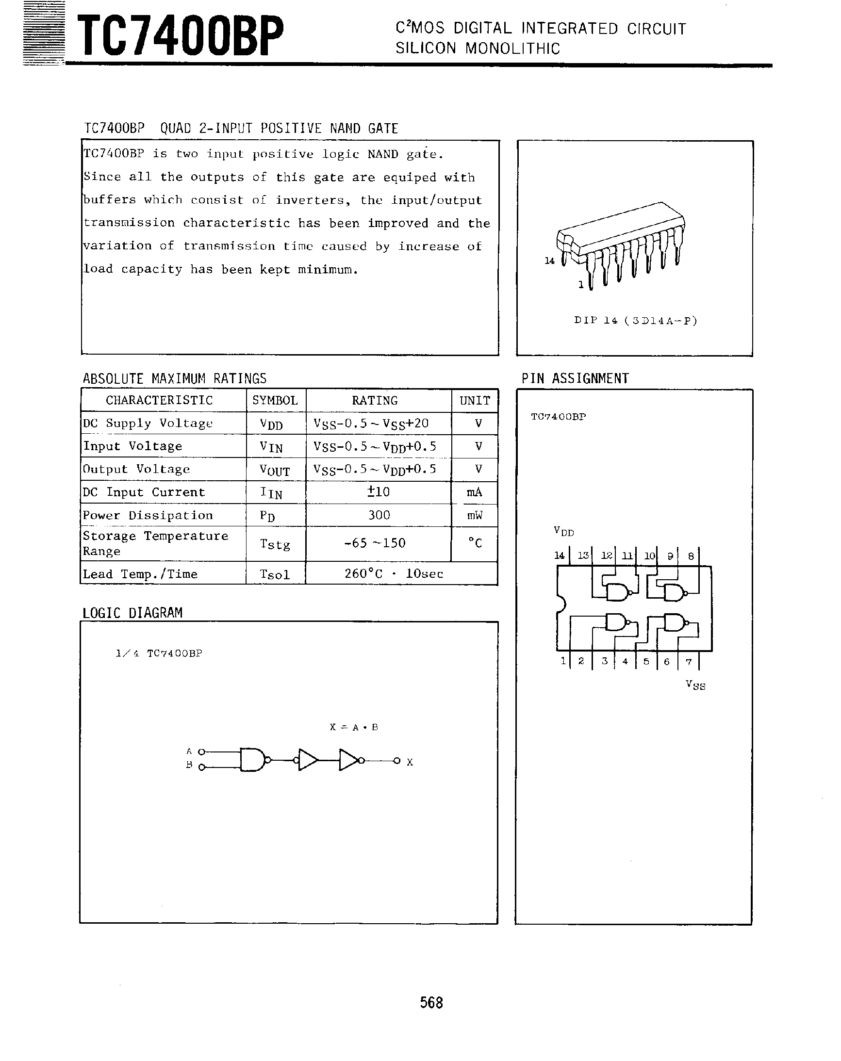 Даташит TC7400BP - Quad 2 Input Positive NAND Gate страница 1