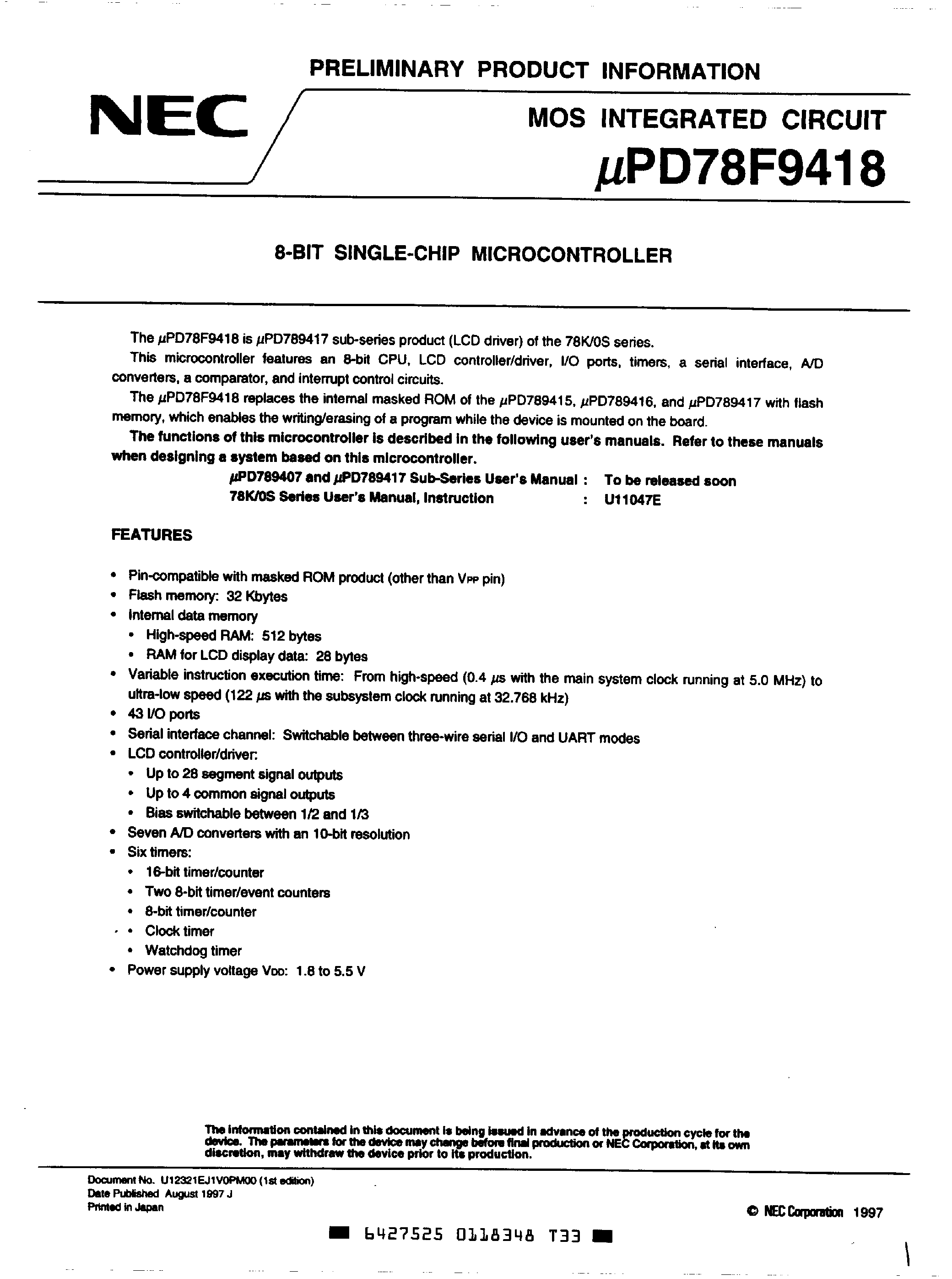 Даташит UPD78F9418 - 8 Bit Single-Chip MicroController страница 1