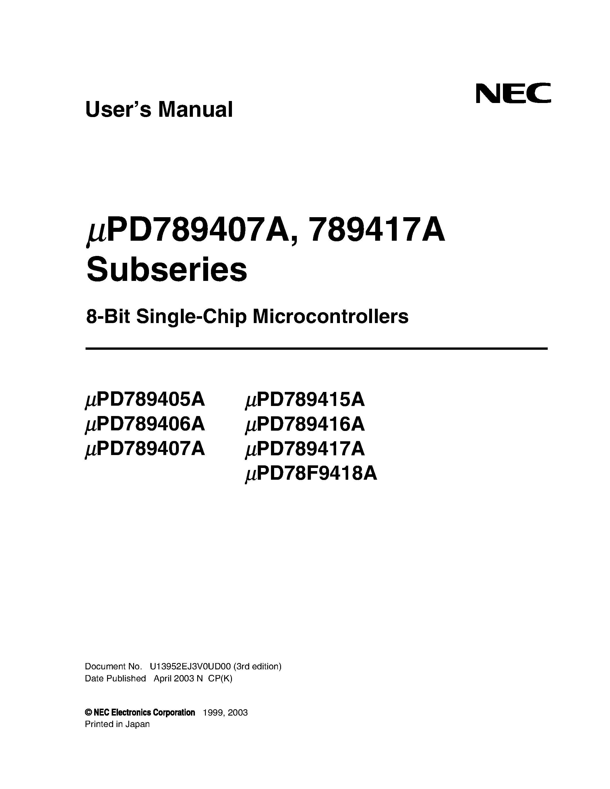 Даташит UPD78F941xA - (UPD78F94xxA) 8 Bit Single-Chip MicroController страница 1