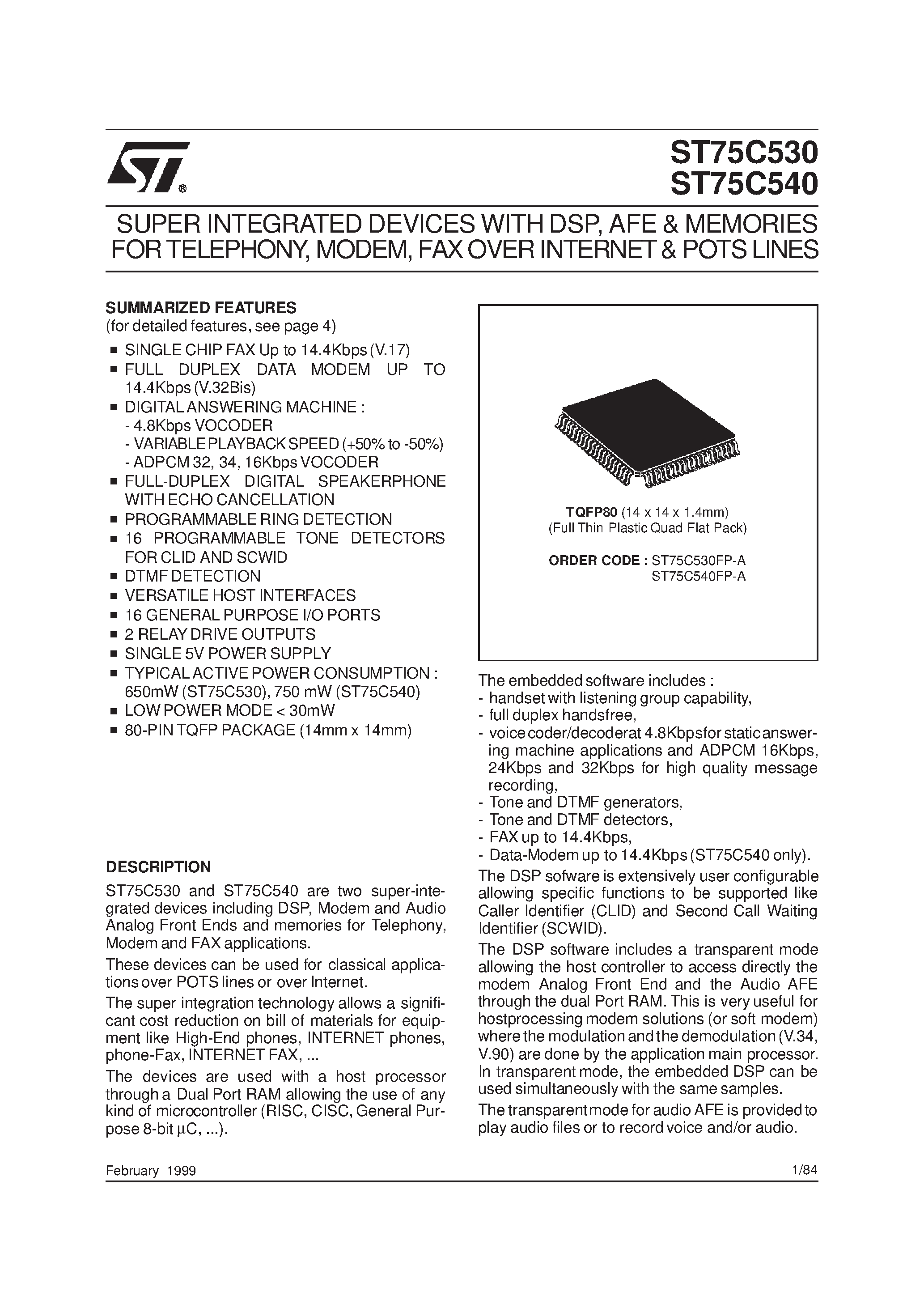 Даташит ST75C530 - SUPER INTEGRATED DEVICESWITH DSP страница 1