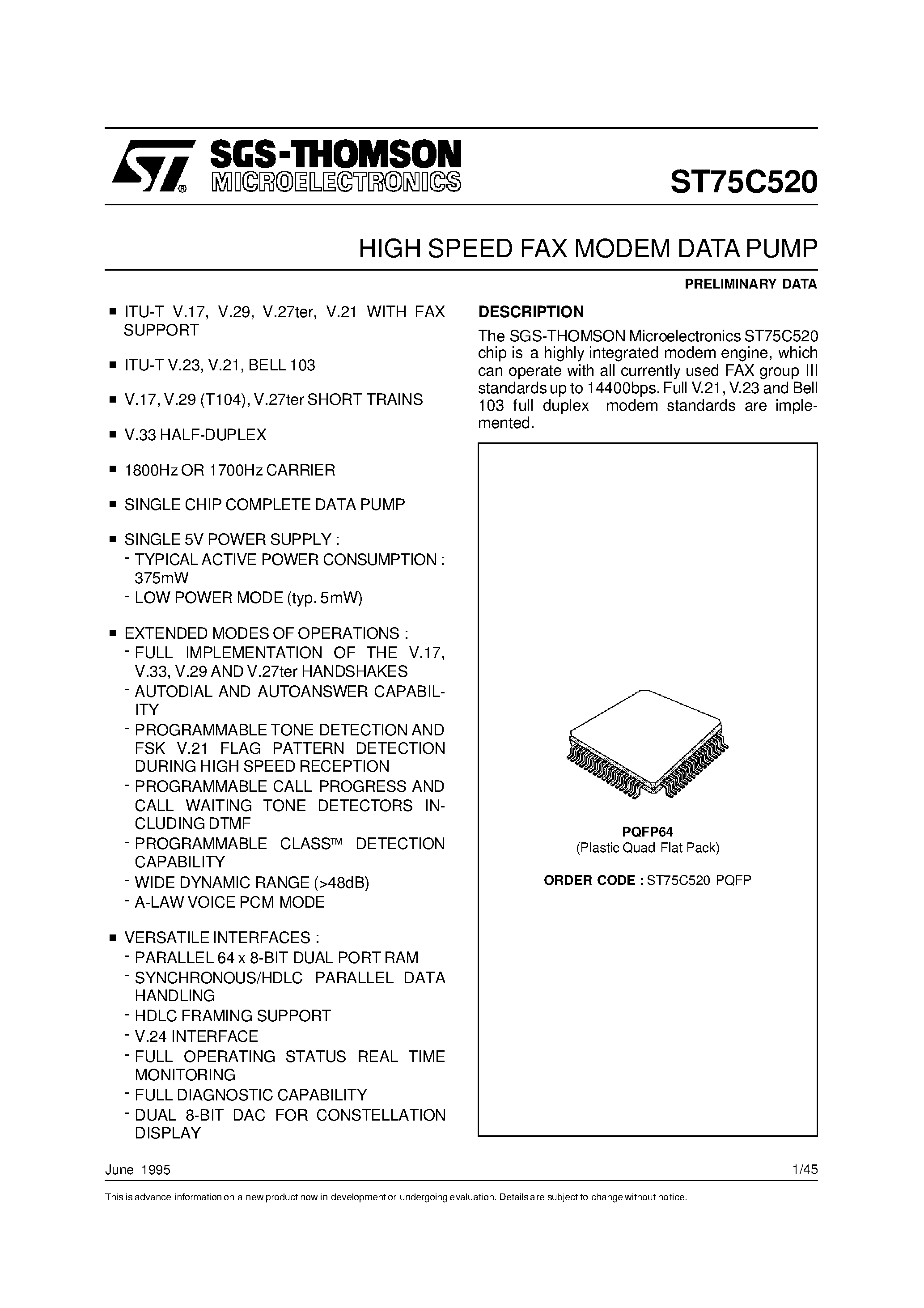 Datasheet ST75C520 - HIGH SPEED FAX MODEM DATA PUMP page 1