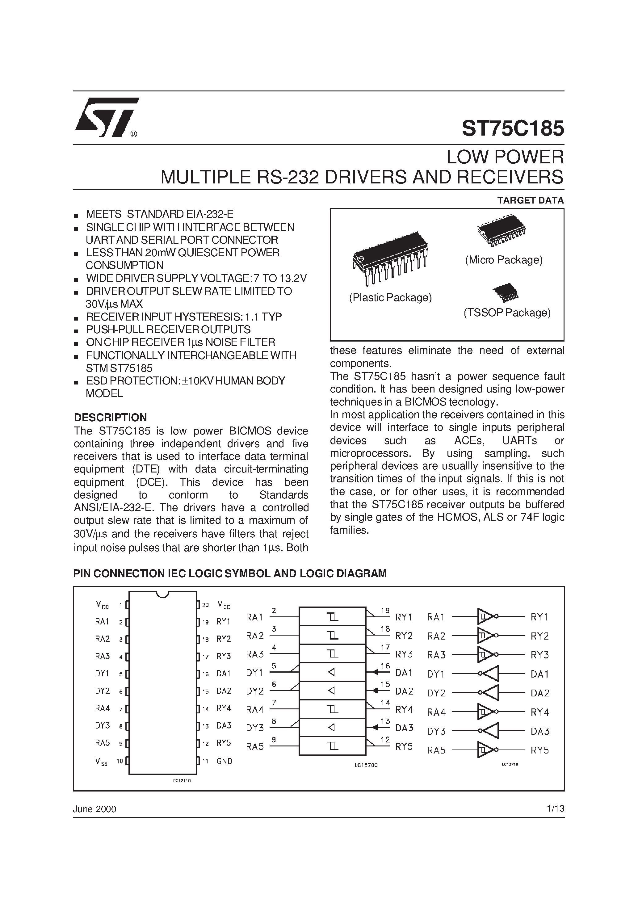 Datasheet ST75C185 - LOW POWER MULTIPLE RS-232 DRIVERS AND RECEIVERS page 1