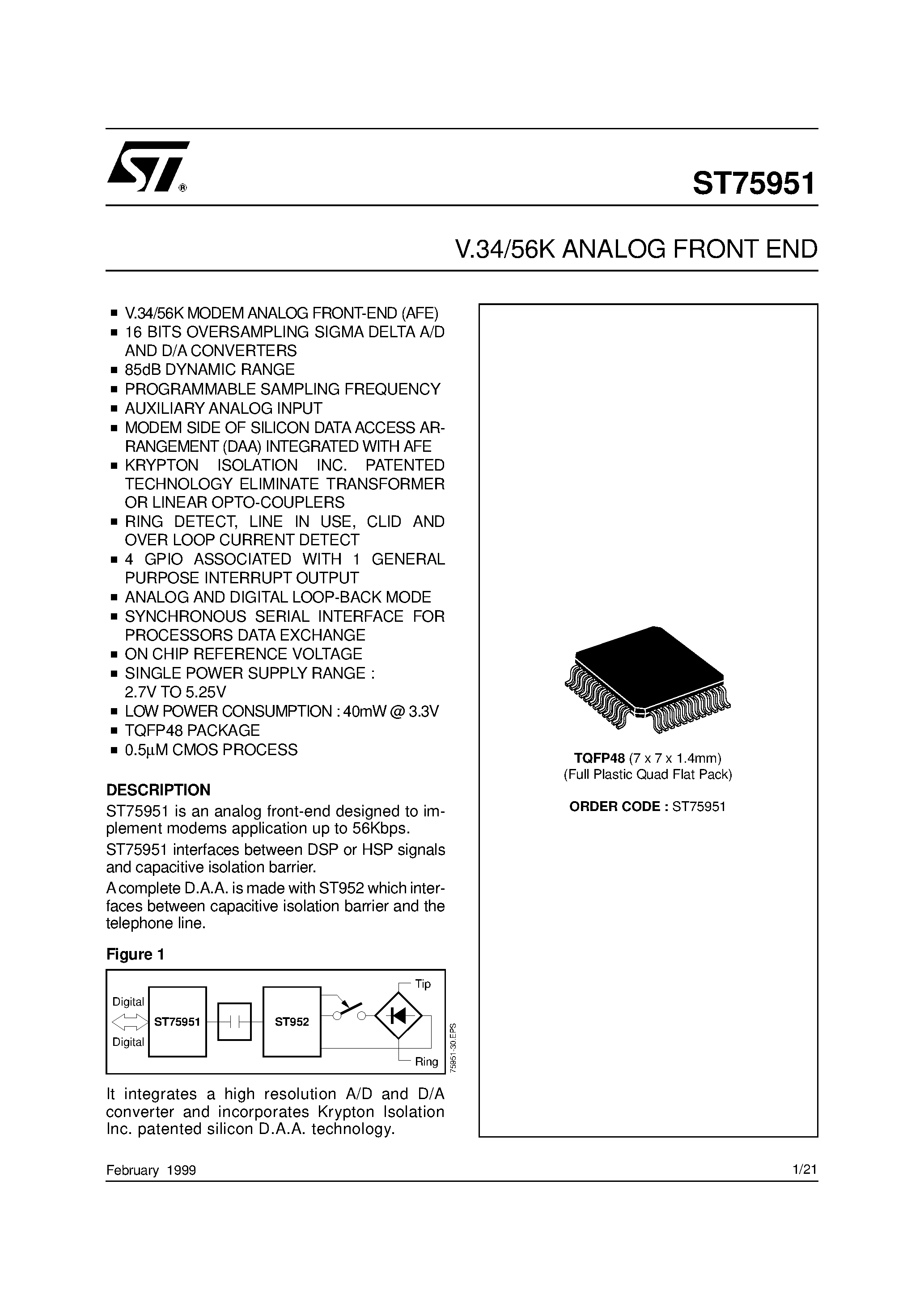 Даташит ST75951 - V.34/56K ANALOG FRONT END страница 1