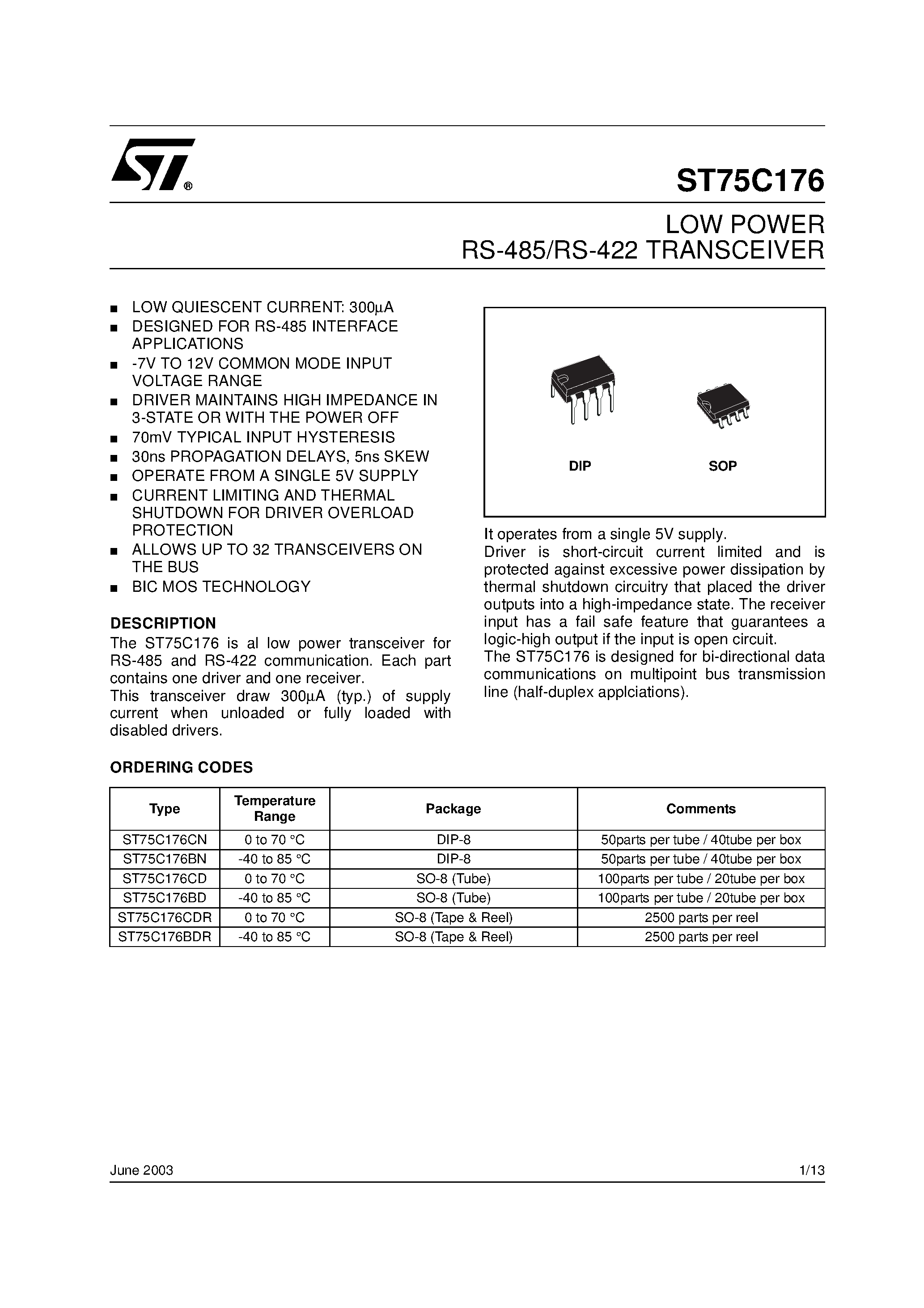 Datasheet ST75C176 - LOW POWER RS-485/RS-422 TRANSCEIVER page 1