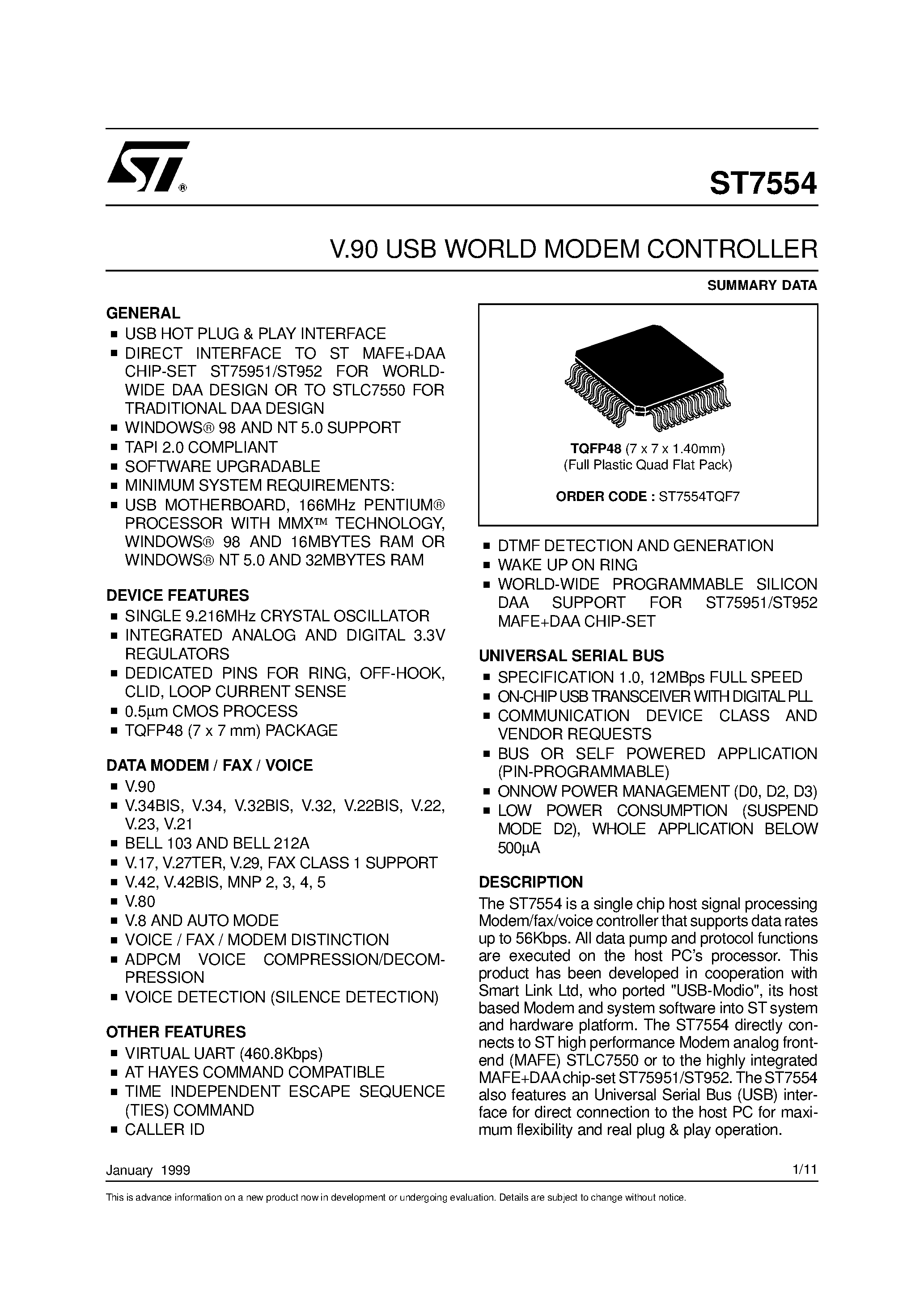 Даташит ST7554 - V.90 USB WORLD MODEM CONTROLLER страница 1