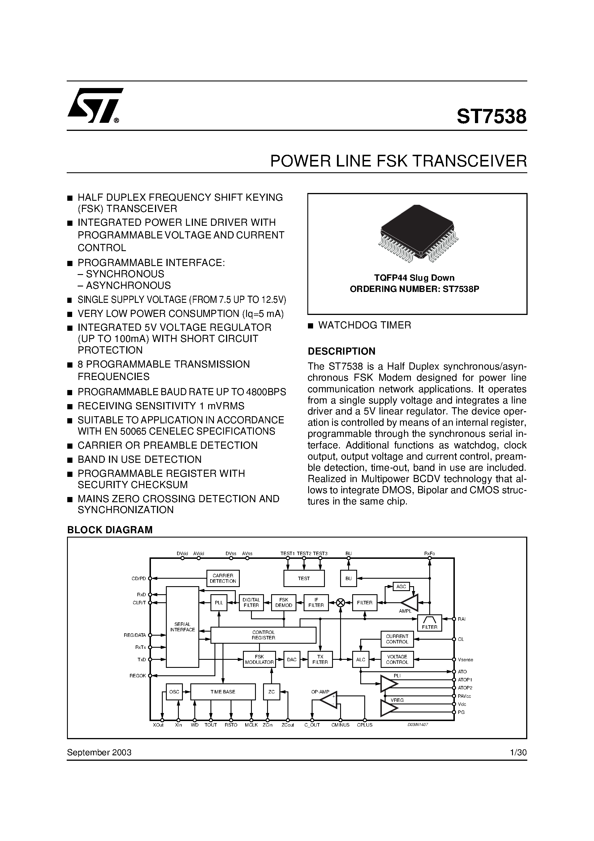 Даташит ST7538 - POWER LINE FSK TRANSCEIVER страница 1