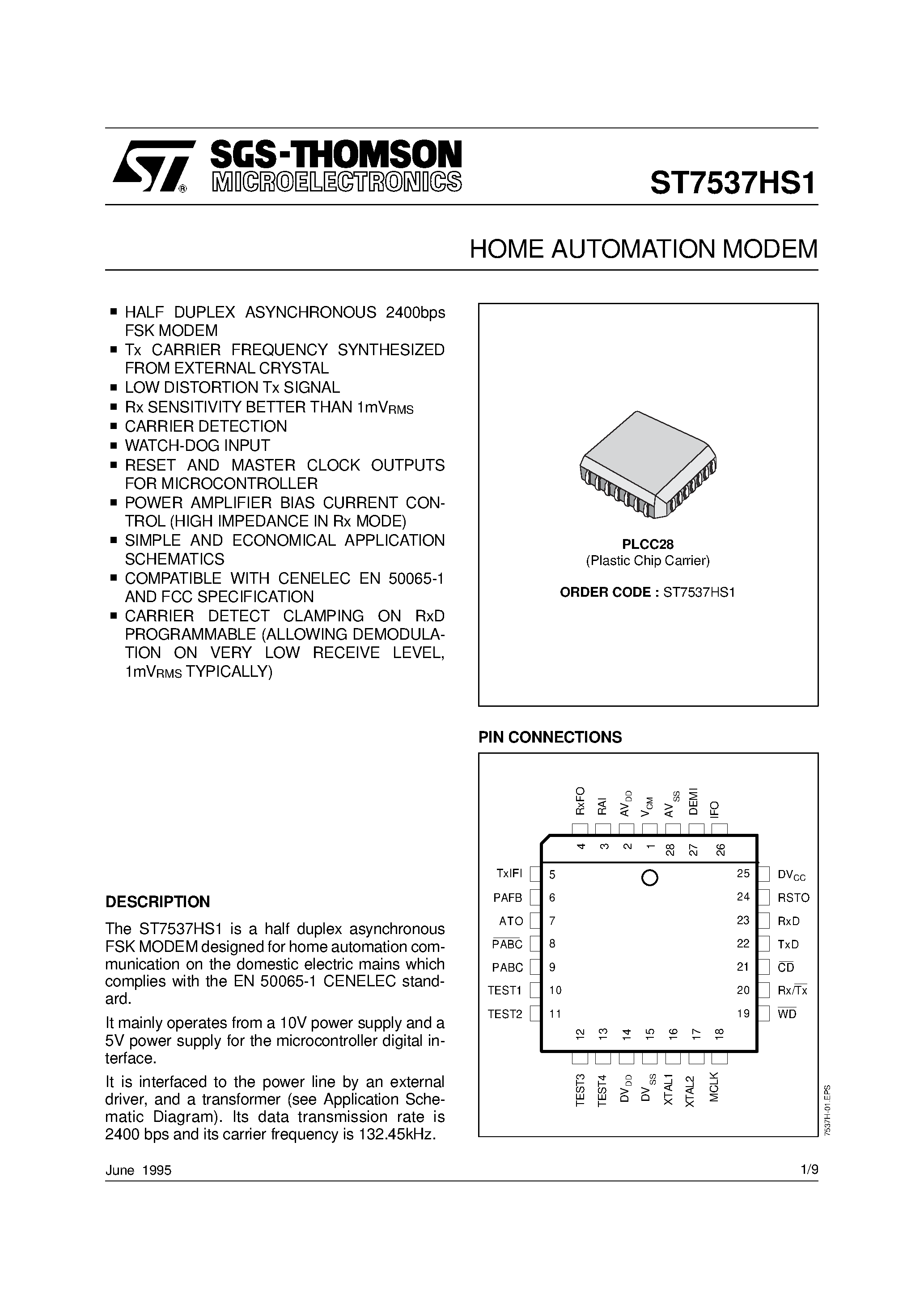 Даташит ST7537HS1 - HOME AUTOMATION MODEM страница 1