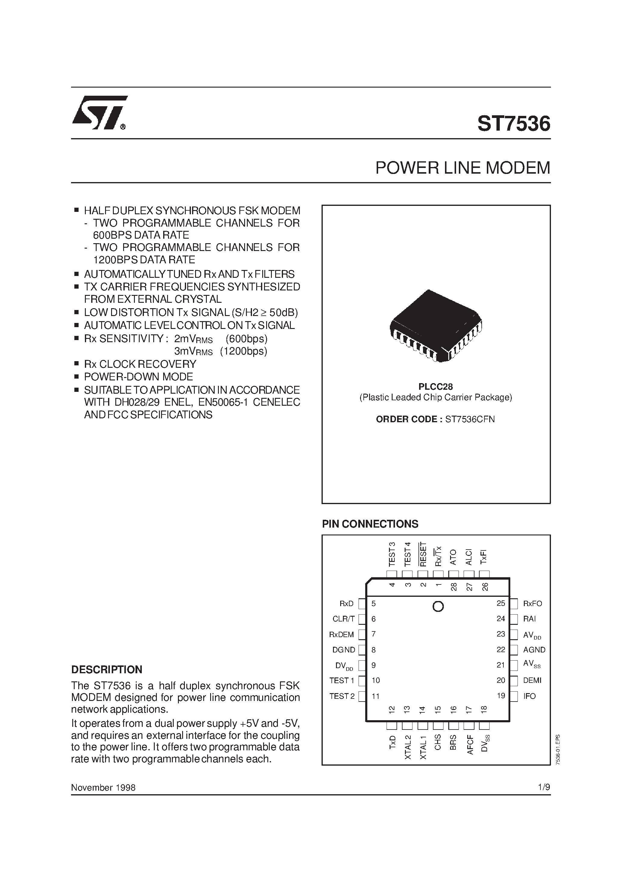 Даташит ST7536 - POWER LINE MODEM страница 1