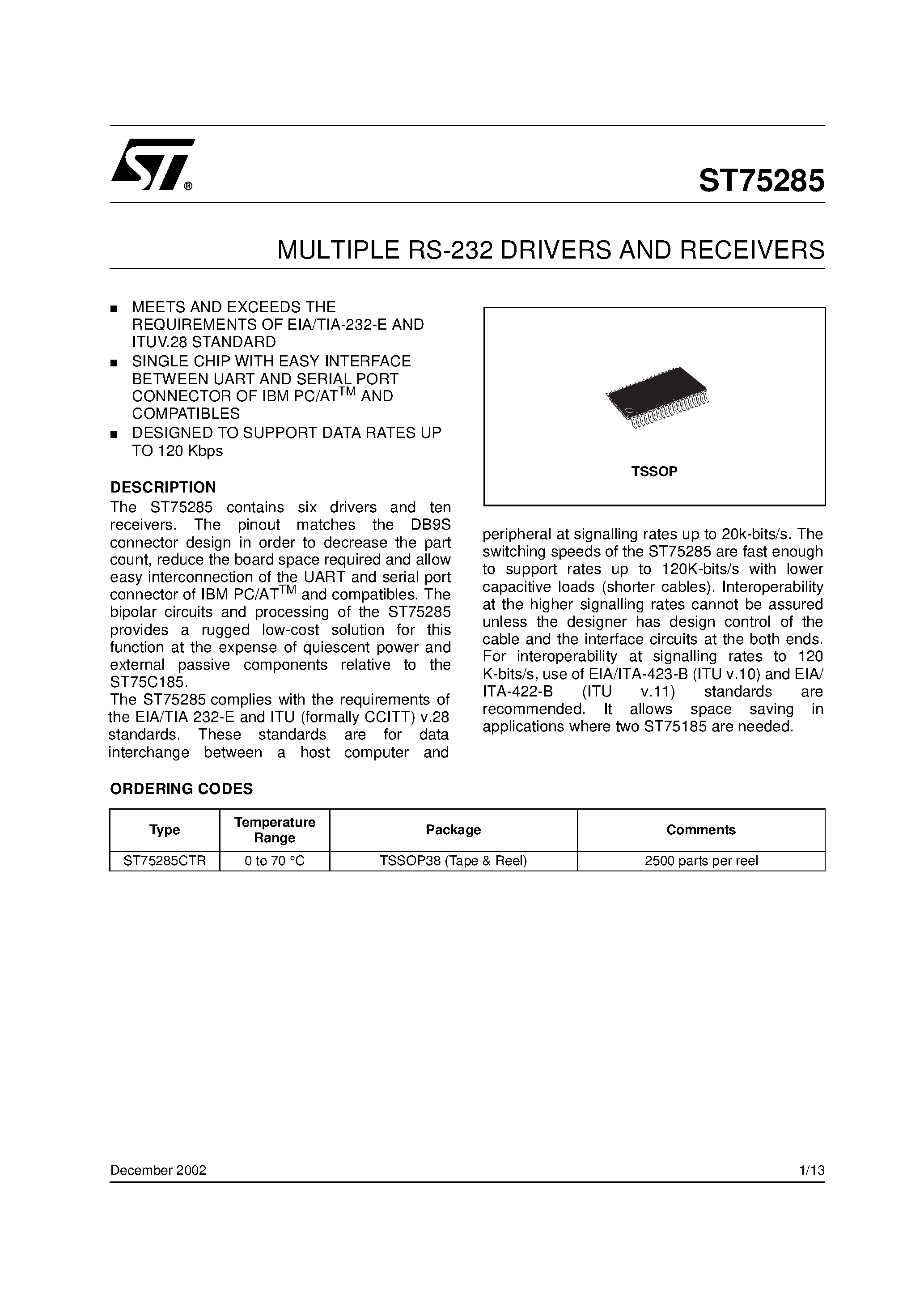 Даташит ST75285 - MULTIPLE RS-232 DRIVERS AND RECEIVERS страница 1