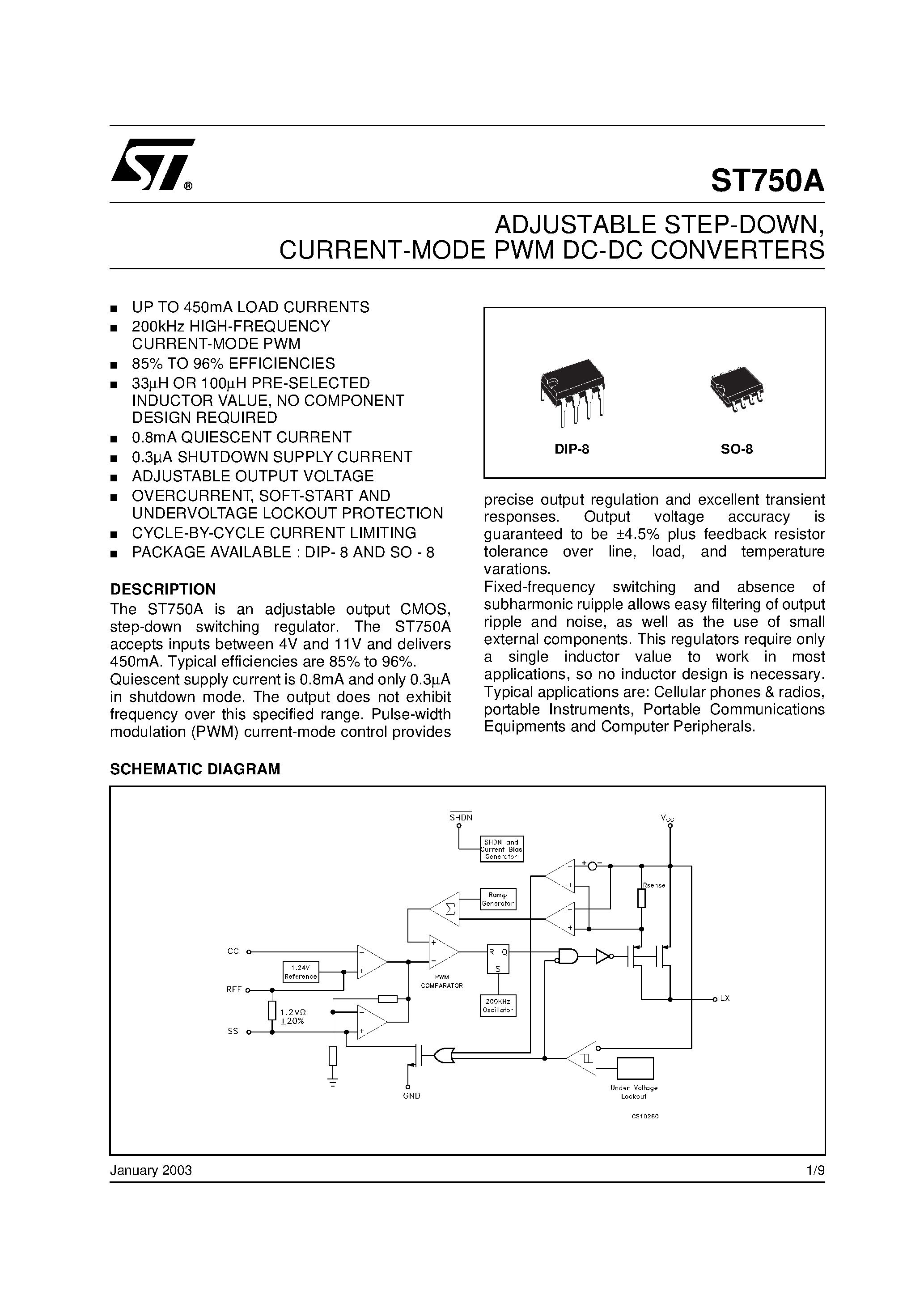 Даташит ST750A - ADJUSTABLE STEP-DOWN / CURRENT-MODE PWM DC-DC CONVERTERS страница 1