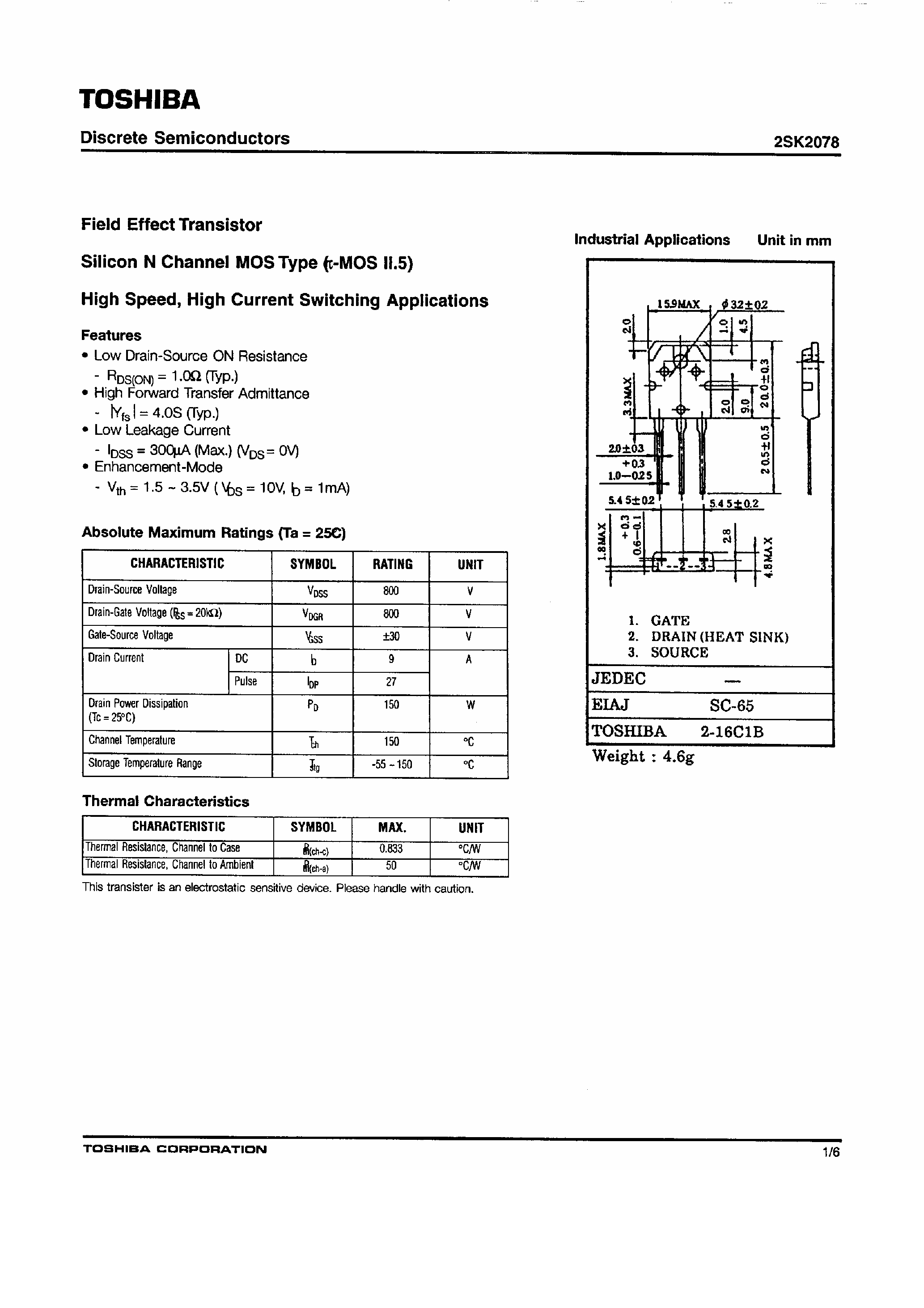 Даташит 2SK2078 - Field Effect Transistor / N Channel MOS Type страница 1