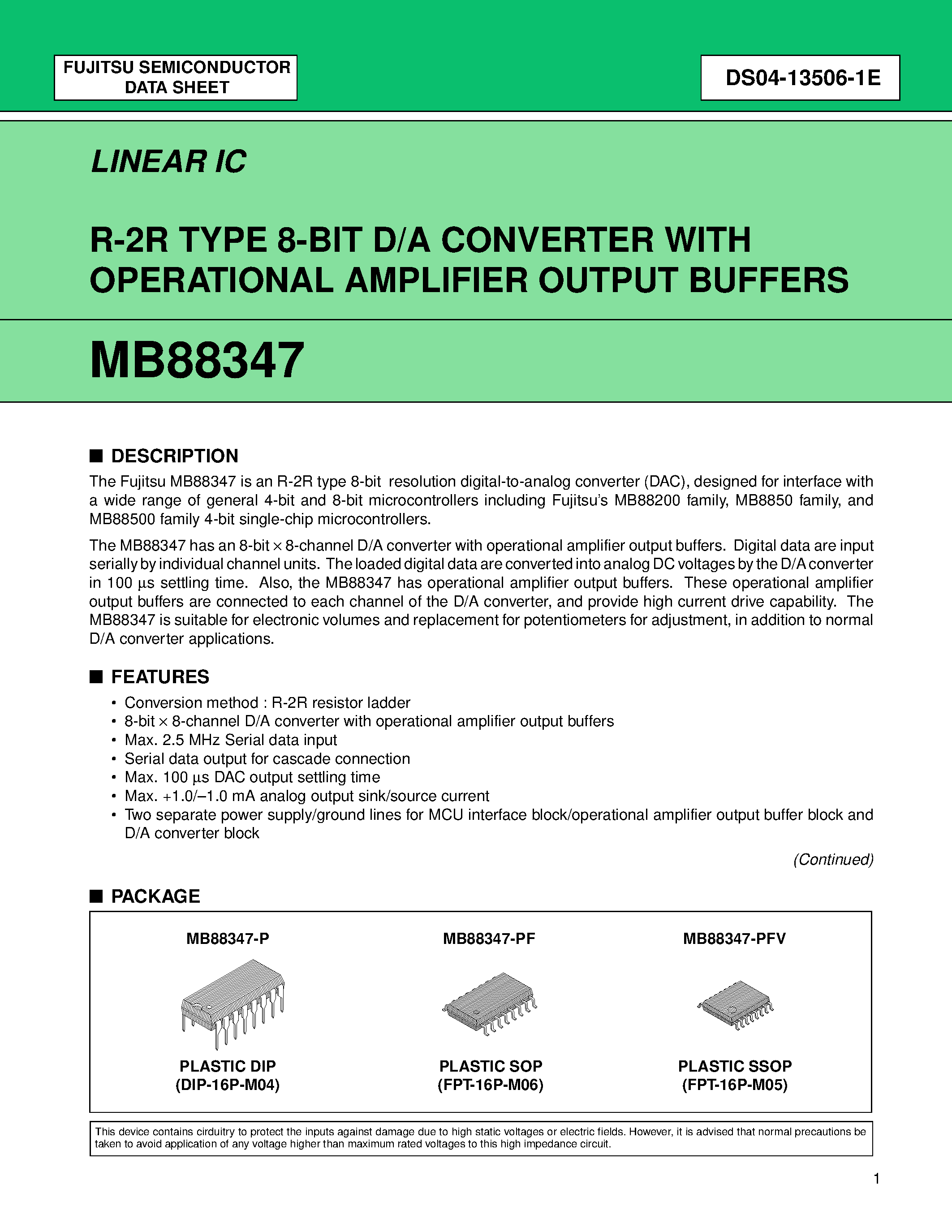 Datasheet MB88347 - R-2R TYPE 8-BIT D/A CONVERTER WITH OPERATIONAL AMPLIFIER OUTPUT BUFFERS page 1