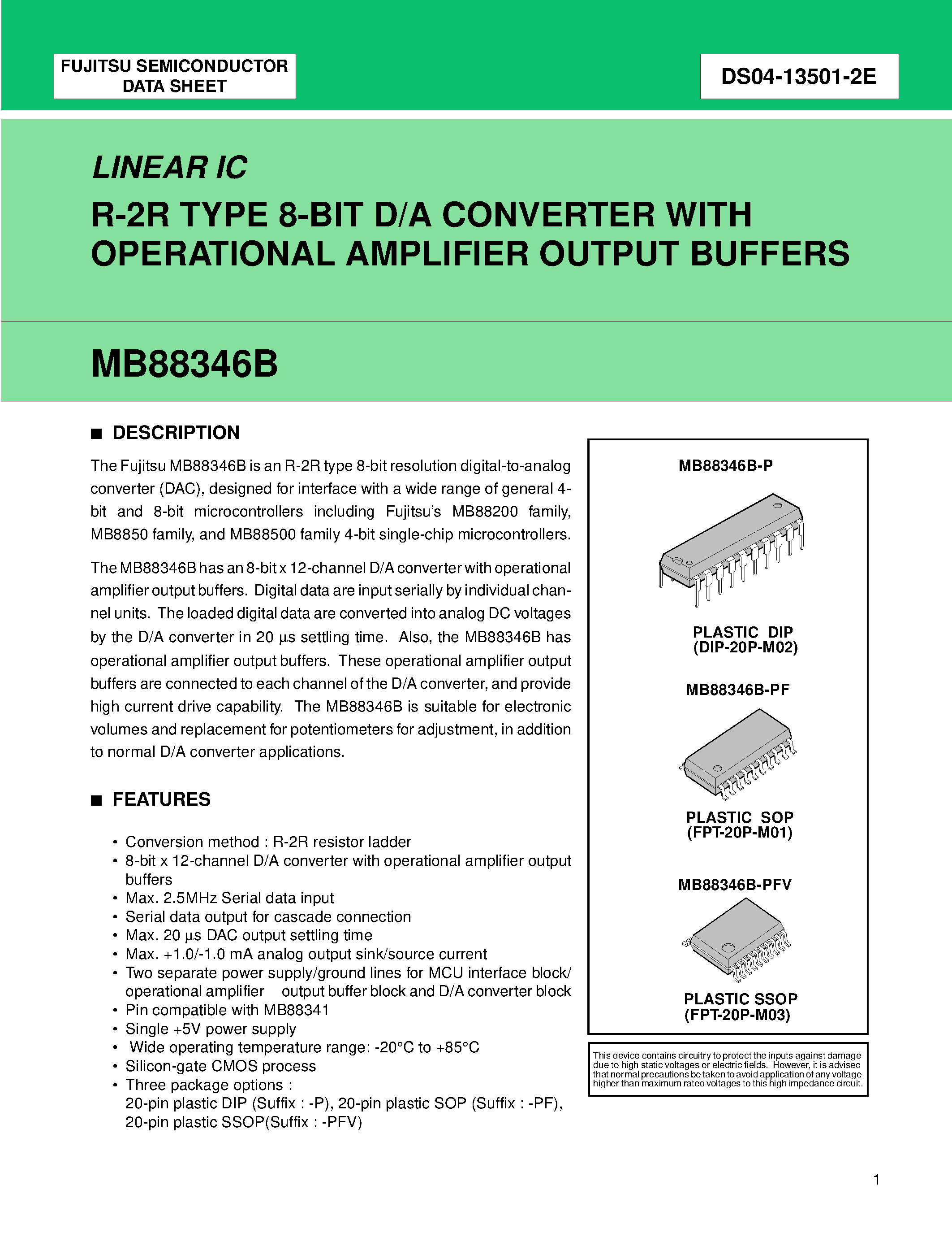 Datasheet MB88346B - R-2R TYPE 8-BIT D/A CONVERTER WITH OPERATIONAL AMPLIFIER OUTPUT BUFFERS page 1