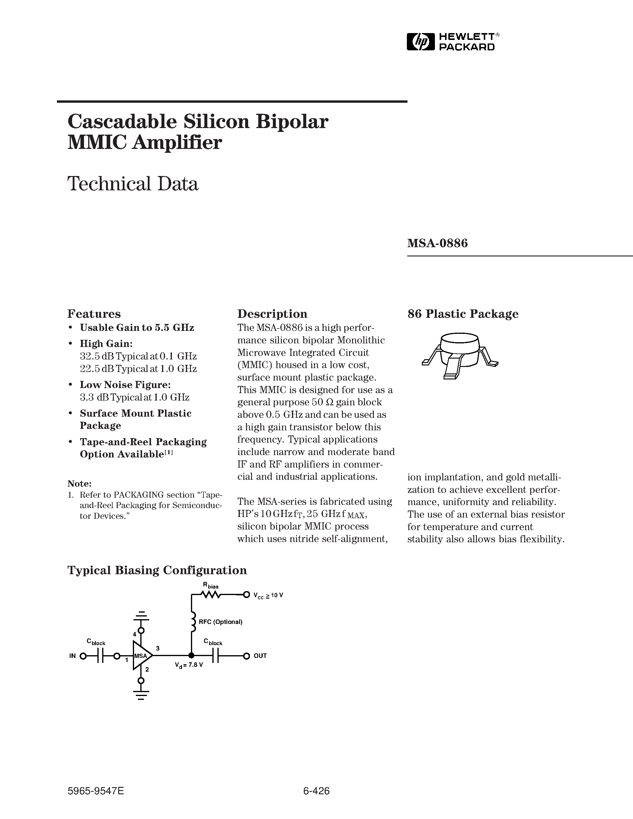 Datasheet MSA0886 - Cascadable Silicon Bipolar MMIC Amplifier page 1