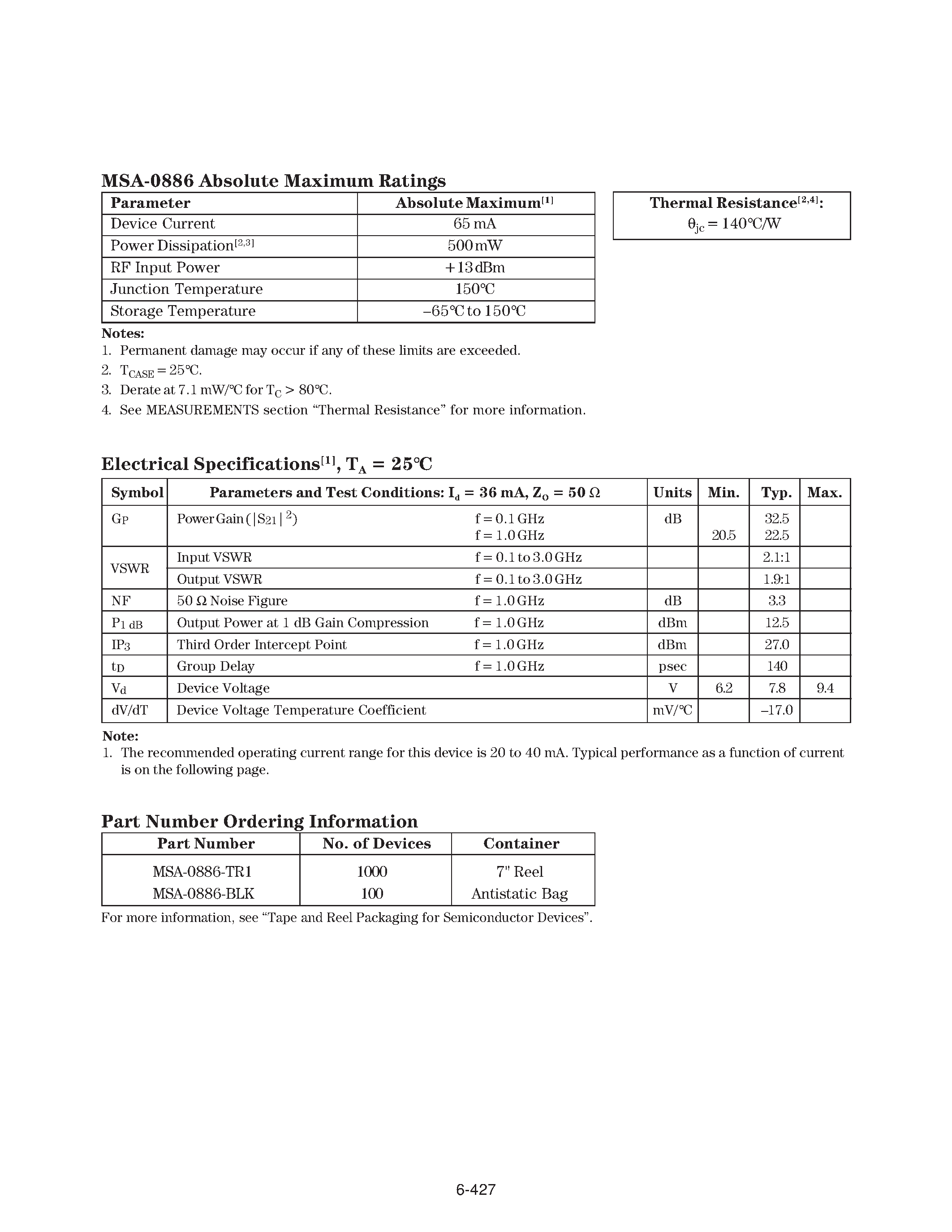 Datasheet MSA0886 - Cascadable Silicon Bipolar MMIC Amplifier page 2