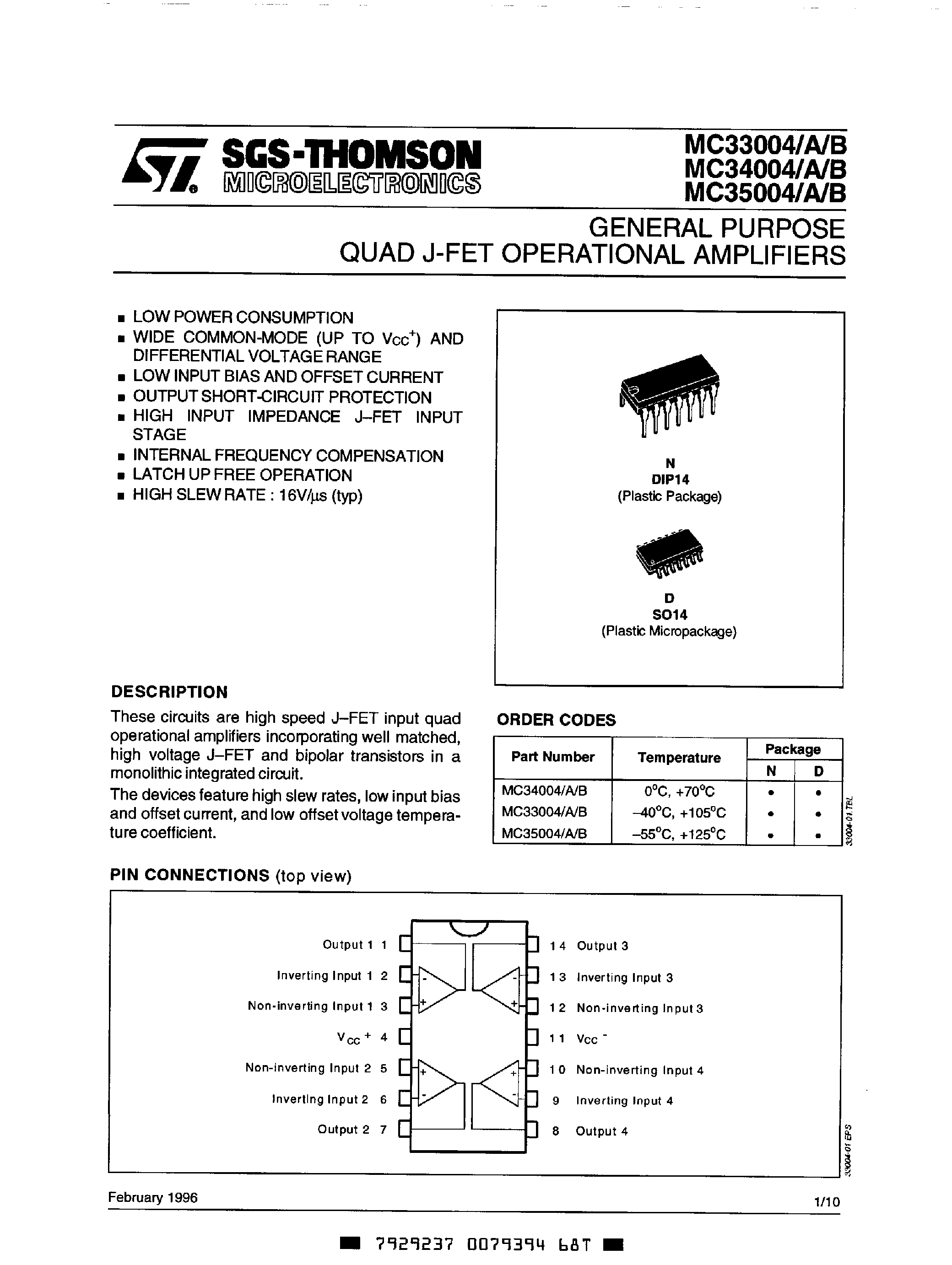 Даташит MC35004 - GENERAL PURPOSE QUAD J FET OPERATIONAL AMPLIFIERS страница 1