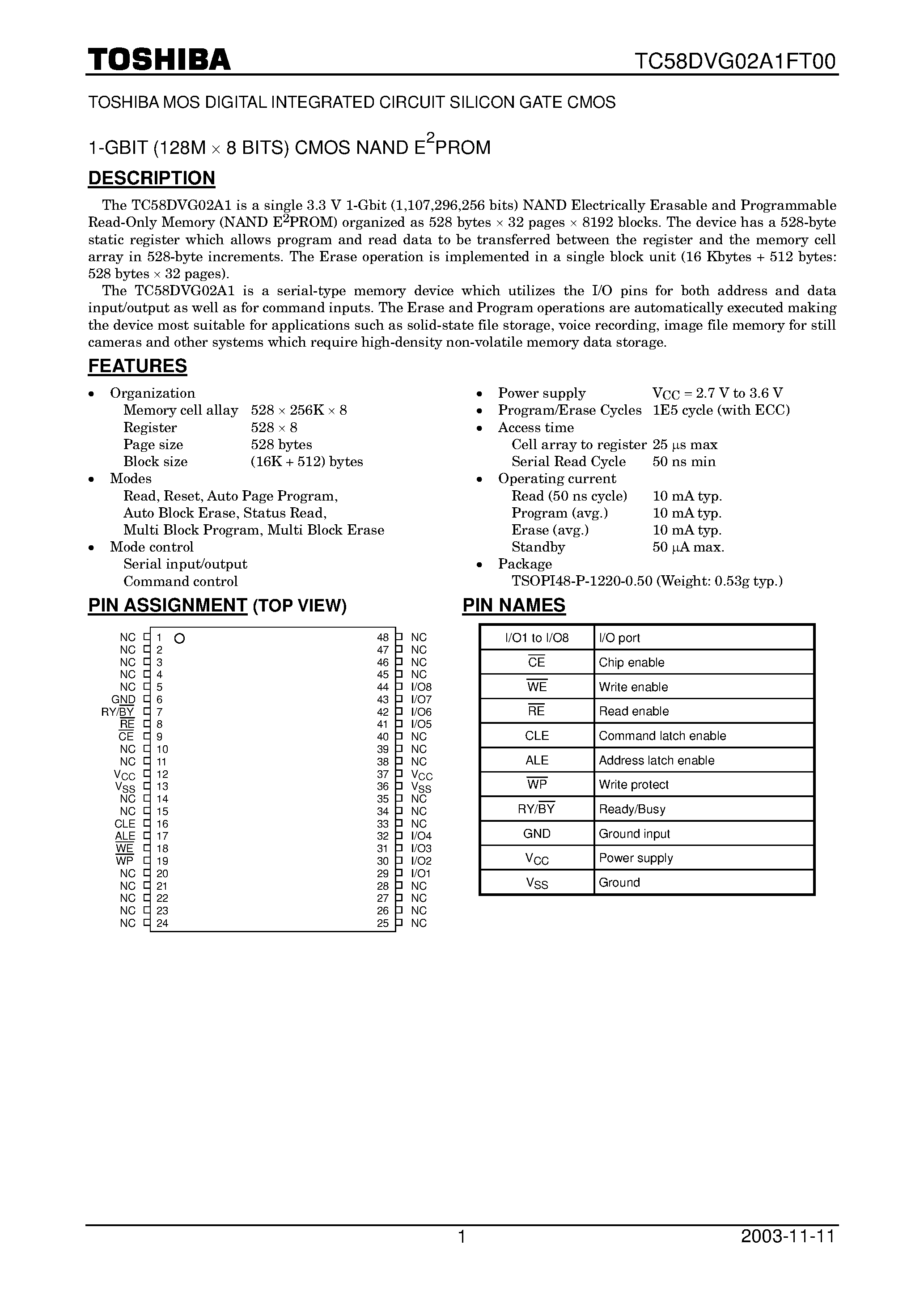 Datasheet TC58DVG02A1F00 - 1 Gbit (128M x *8its) CMOS NAND EPROM page 1