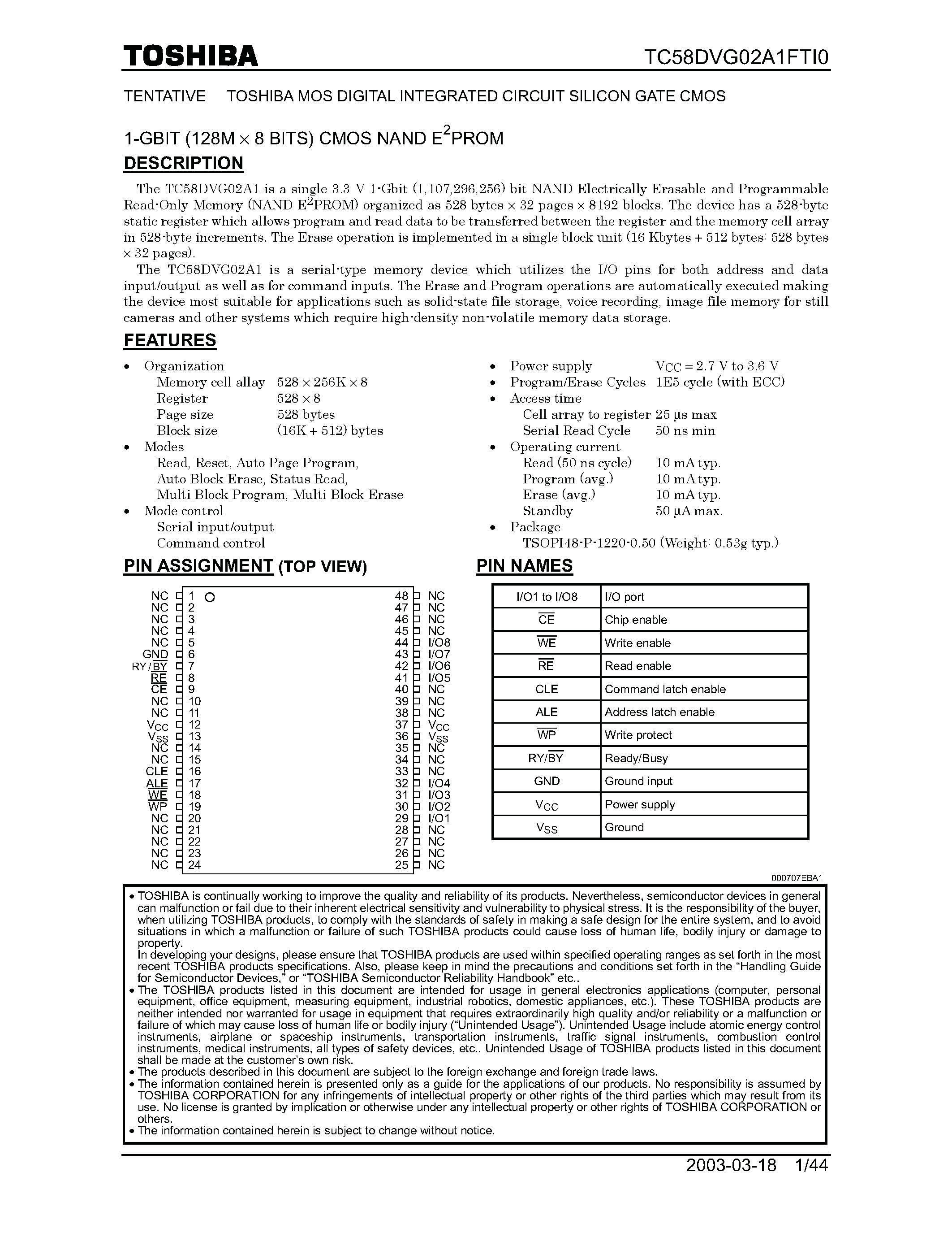 Datasheet TC58DVG02A1FI0 - 1 Gbit (128M x *8its) CMOS NAND EPROM page 1