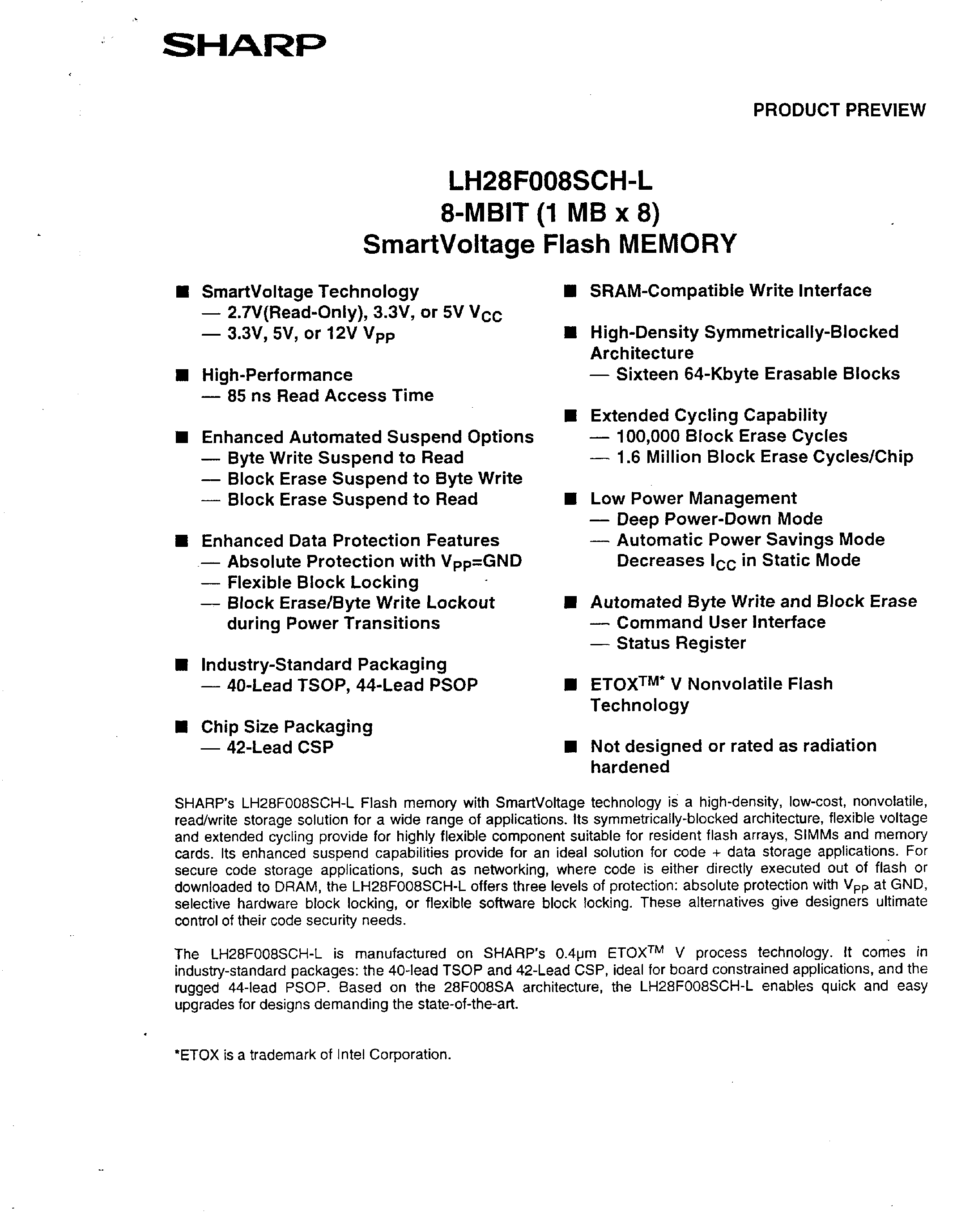 Datasheet LH28F008SCH-L - 8-MBIT(1 MB x 8) SmartVoltage Flash MEMORY page 1