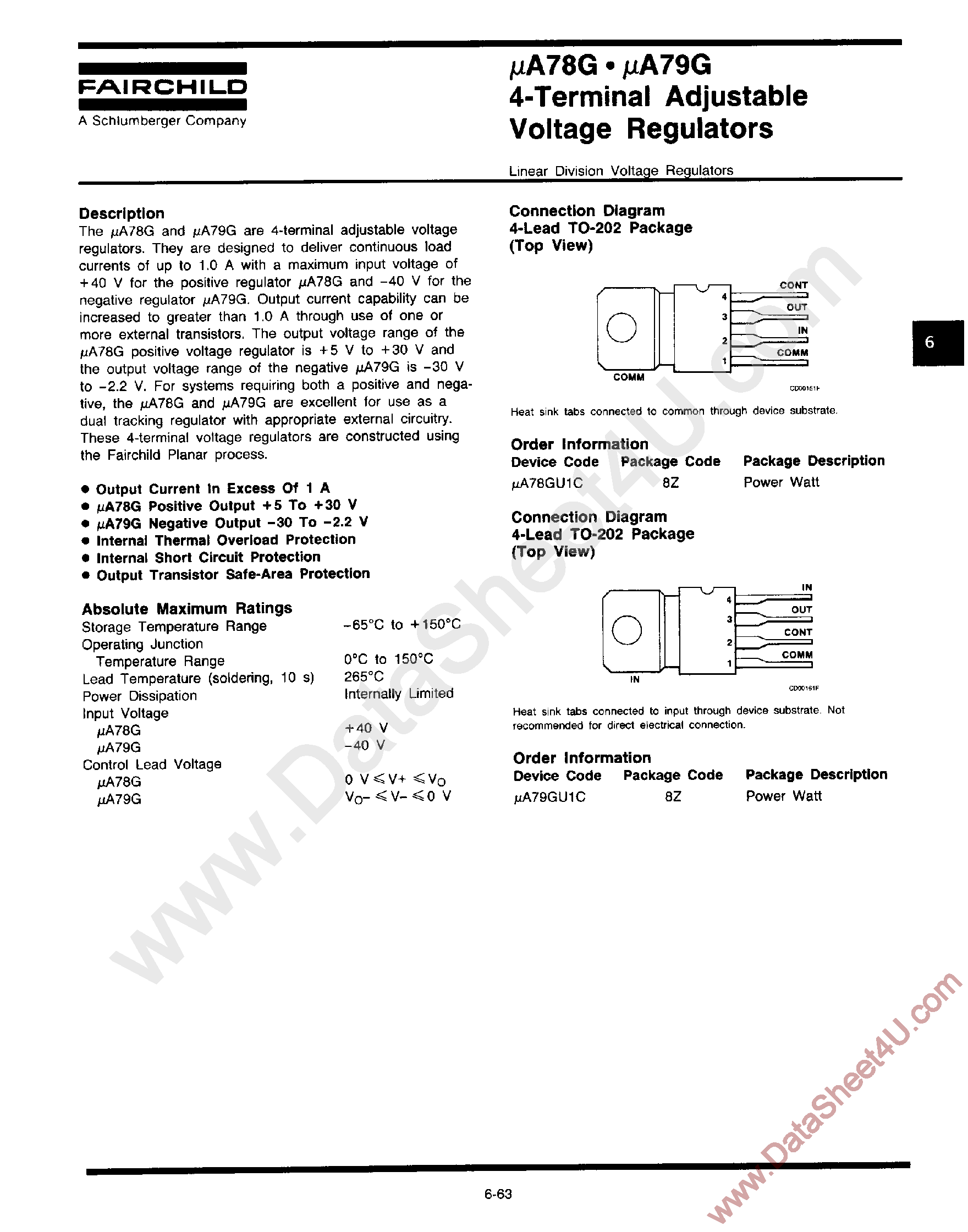 Datasheet UA79G - 4 Treminal Adjustable Voltage Regulators page 1