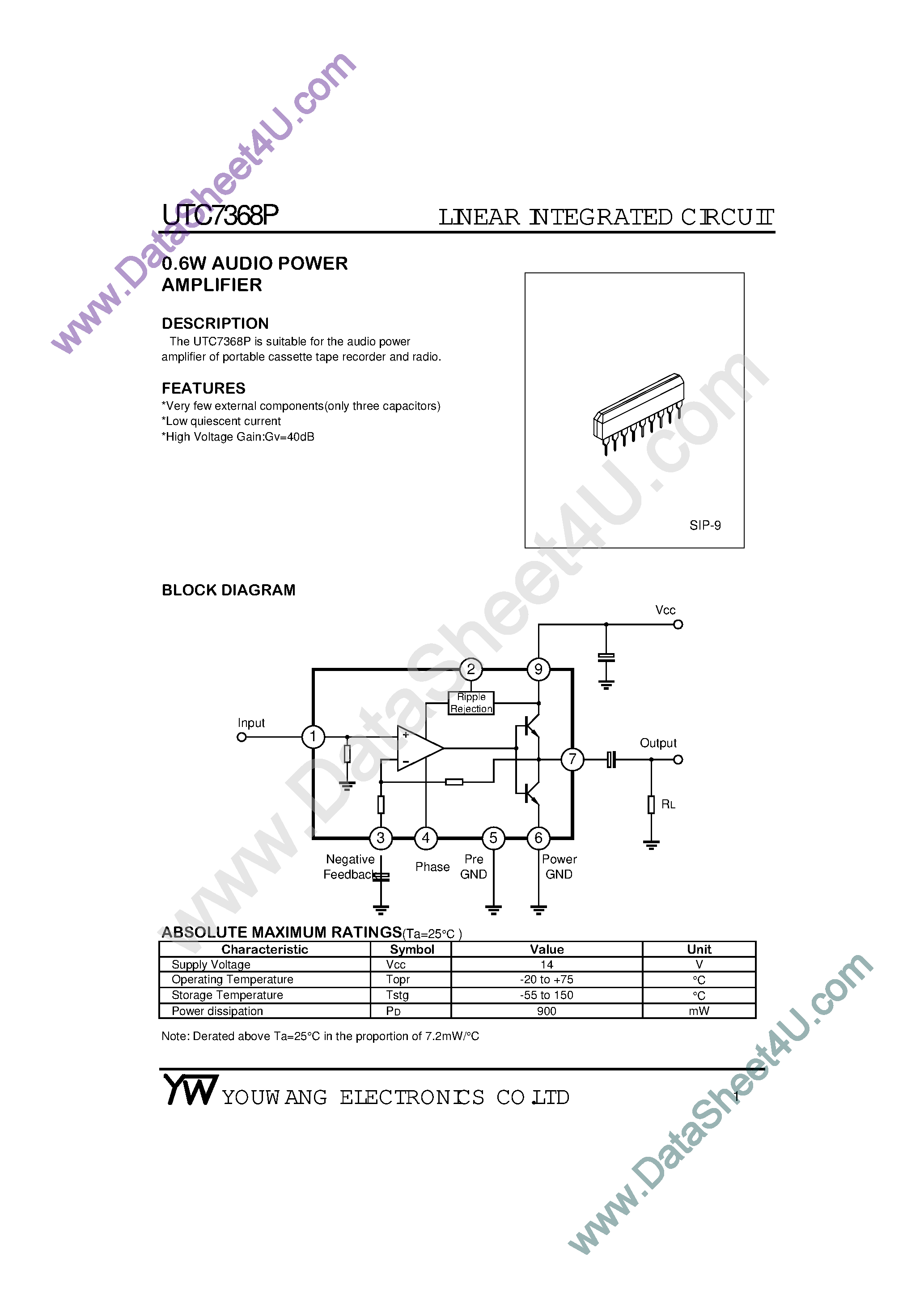 Datasheet UTC7368P - 0.6W Audio Power Amplifier page 1