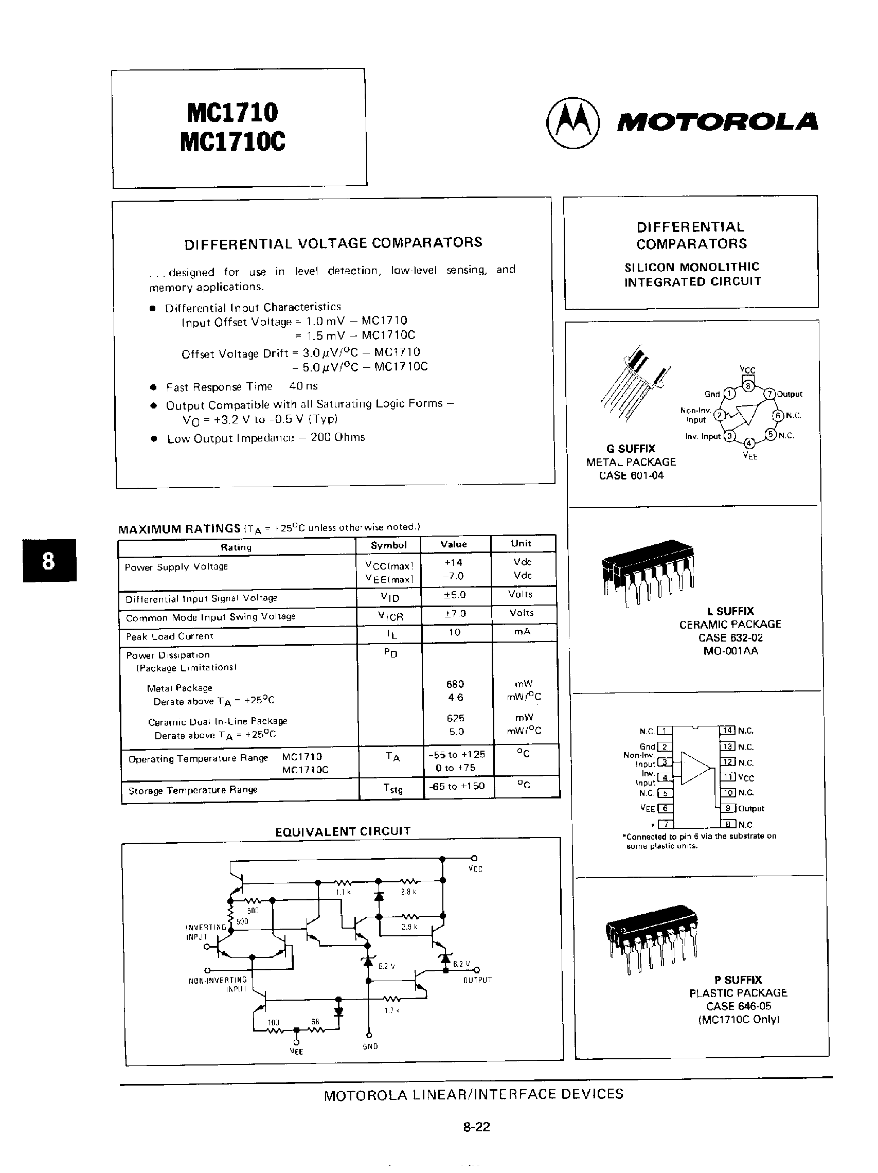 Даташит MC1710 - Differential Voltage Comparators страница 1