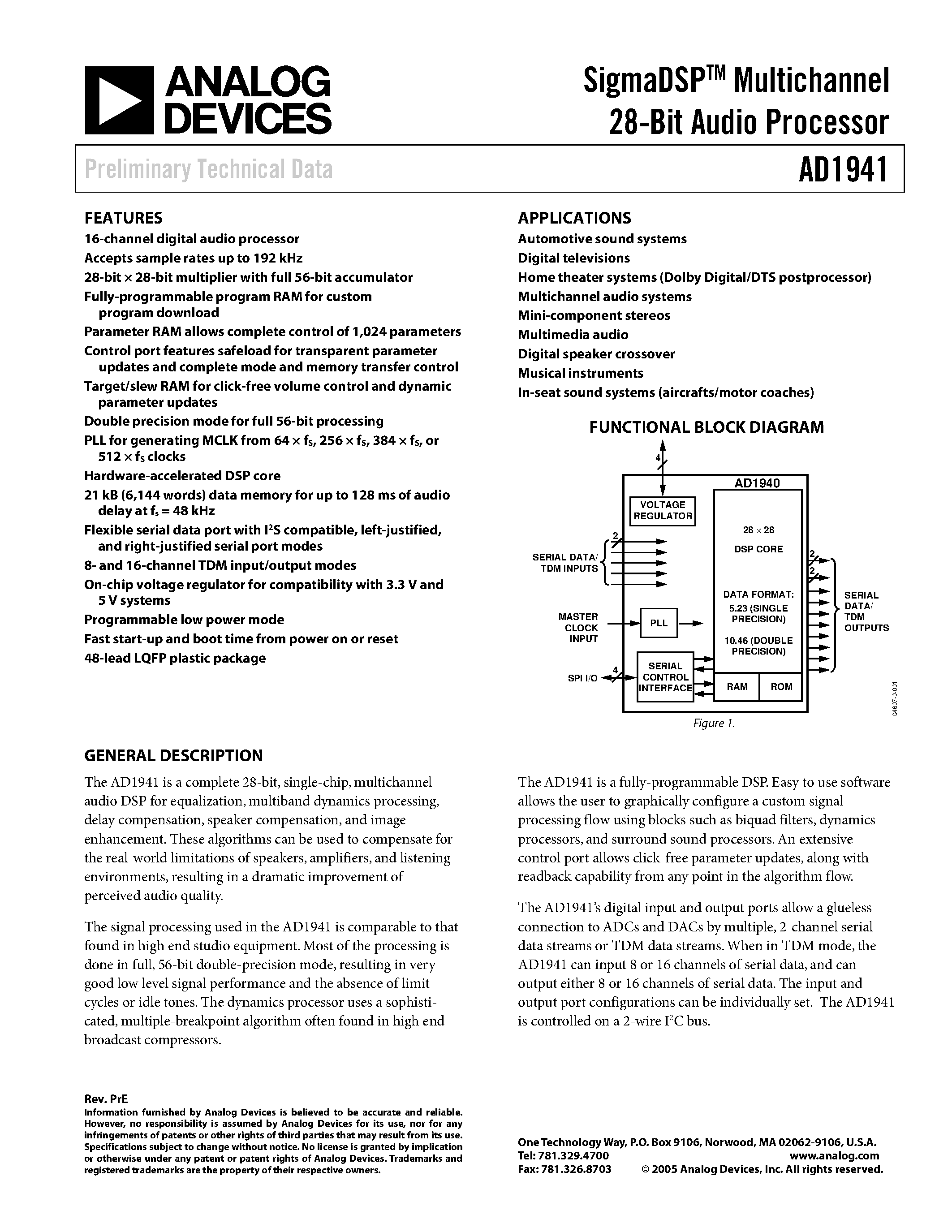 Даташит AD1941 - 28 Bit Audio Processor страница 1