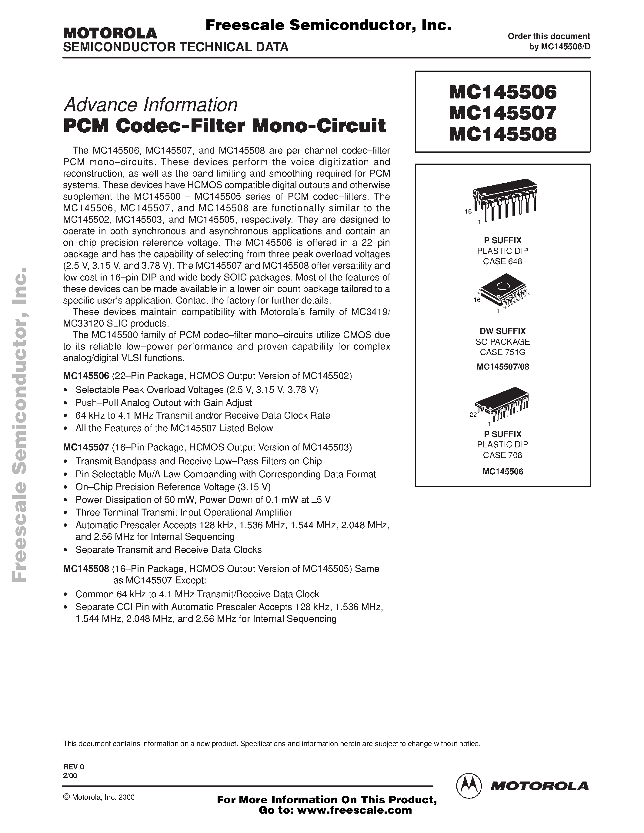 Даташит MC145506 - (MC145507/MC145508) PCM CODEC FILTER MONO CIRCUIT страница 1