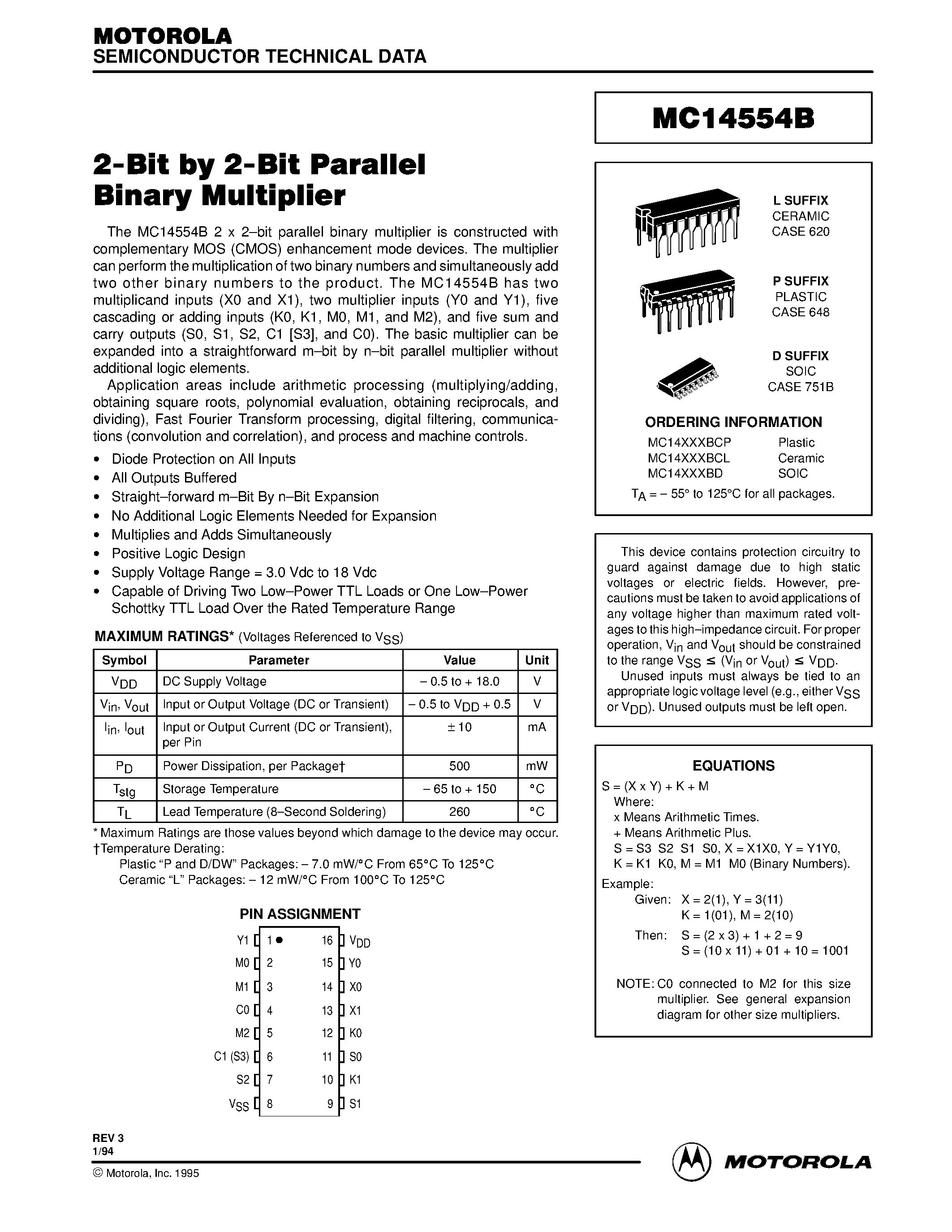 Даташит MC14554B - 2-Bit by 2-Bit Parallel Binary Multiplier страница 1