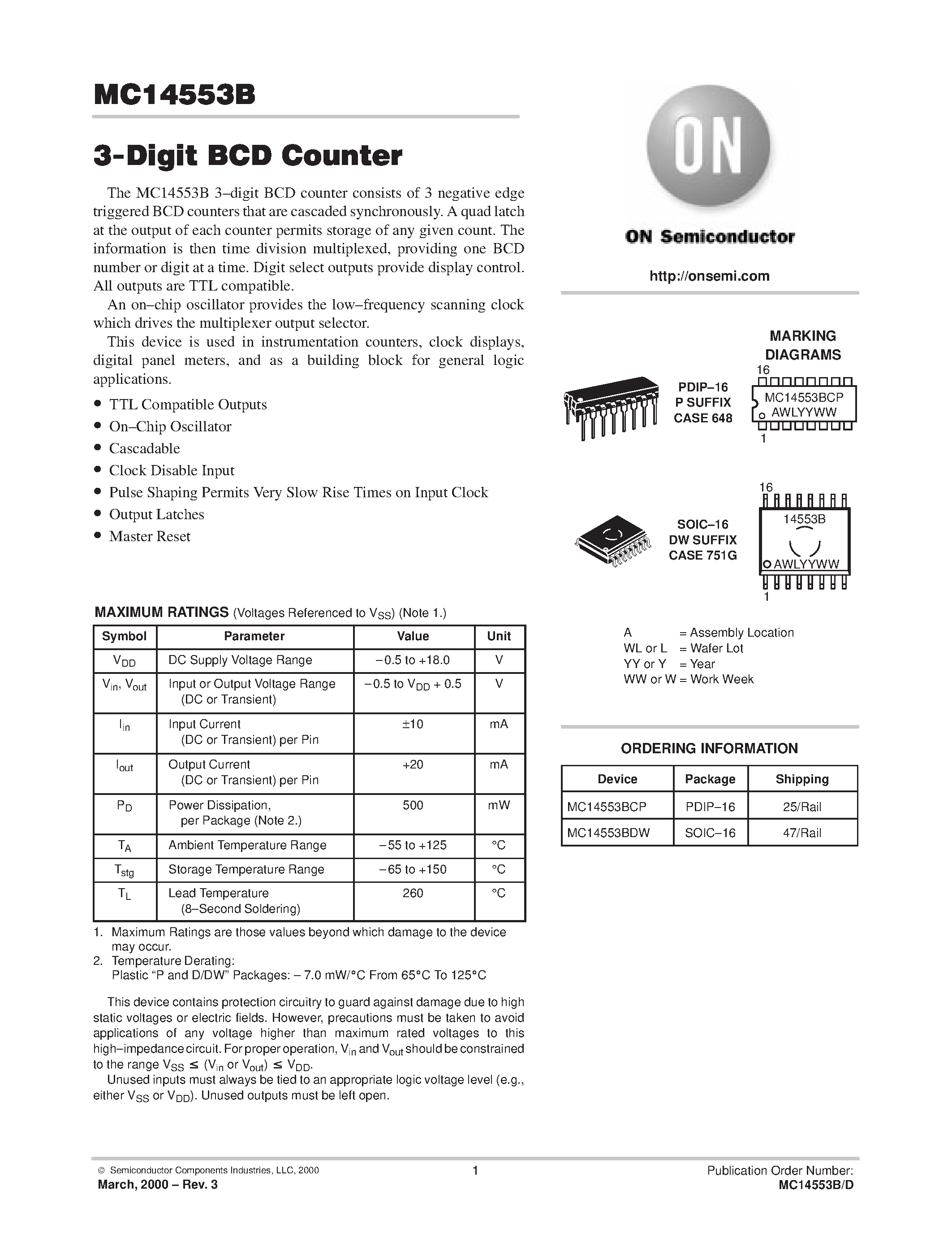 Даташит MC14553B - 3-Digit BCD Counter страница 1