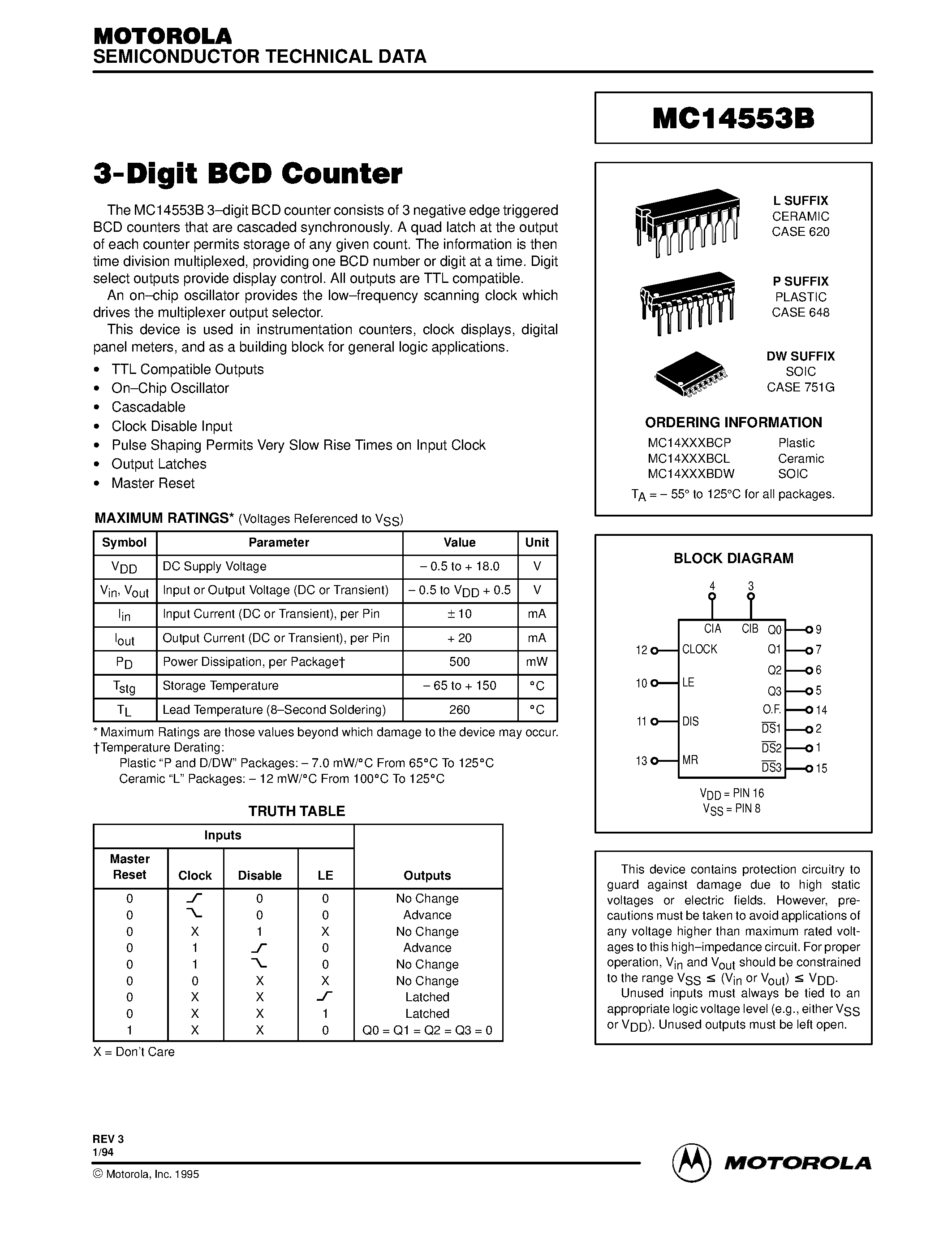 Даташит MC14553 - 3-Digit BCD Counter страница 1