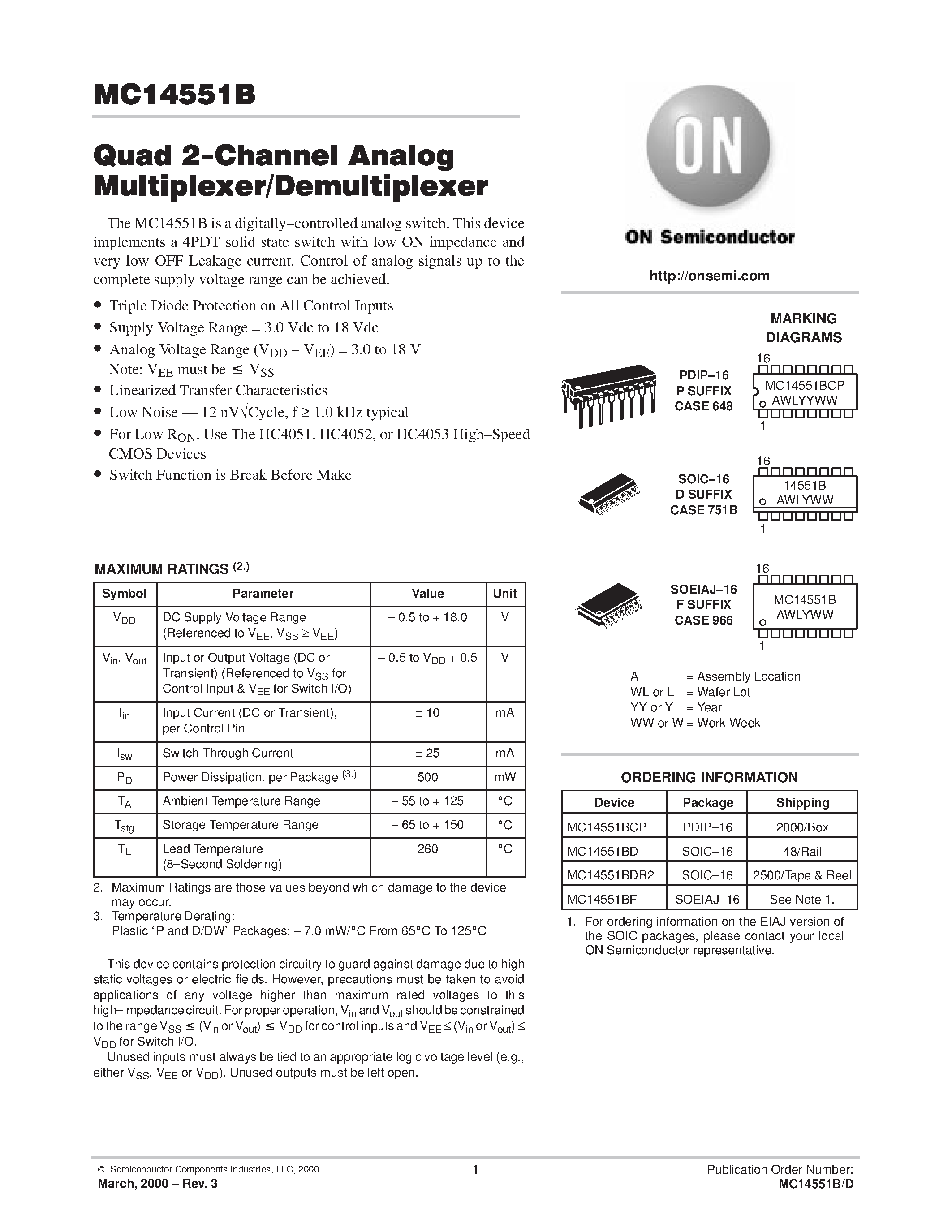 Даташит MC14551B - Quad 2-Channel Analog Multiplexer/Demultiplexer страница 1