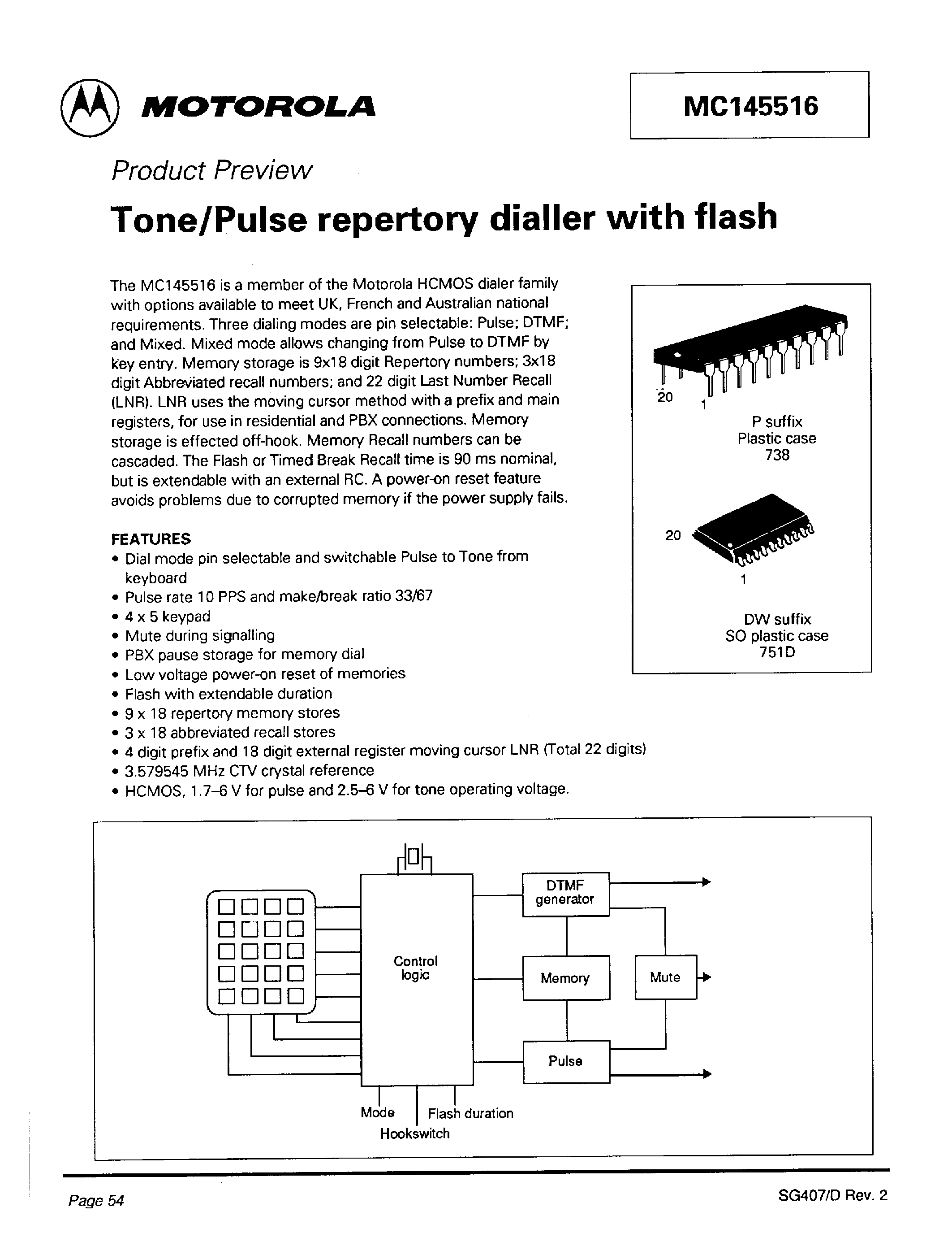 Даташит MC145516 - Tone/Pulse repertory dialler with flash страница 1