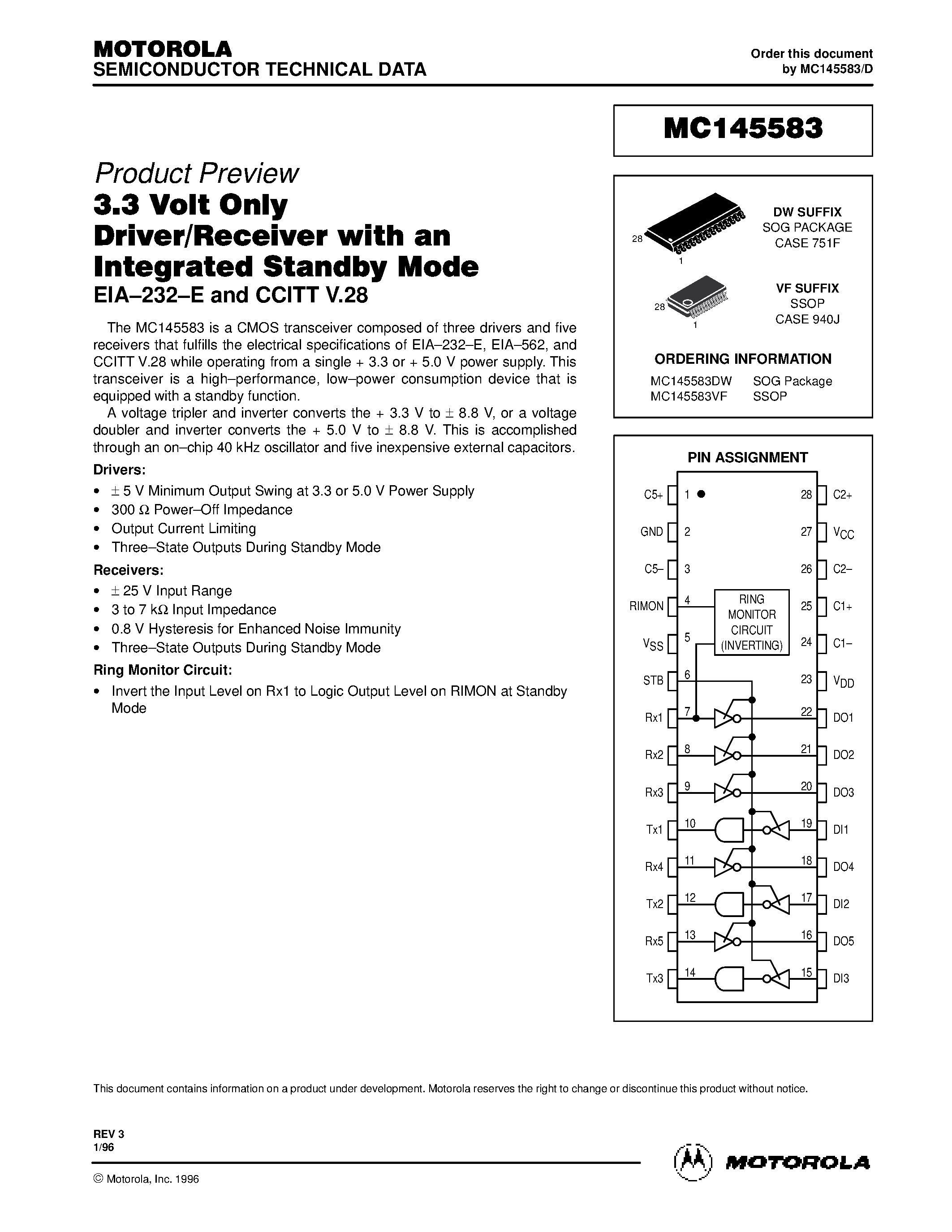 Даташит MC145583 - 3.3 Volt Only Driver/Receiver with an Integrated Standby Mode страница 1