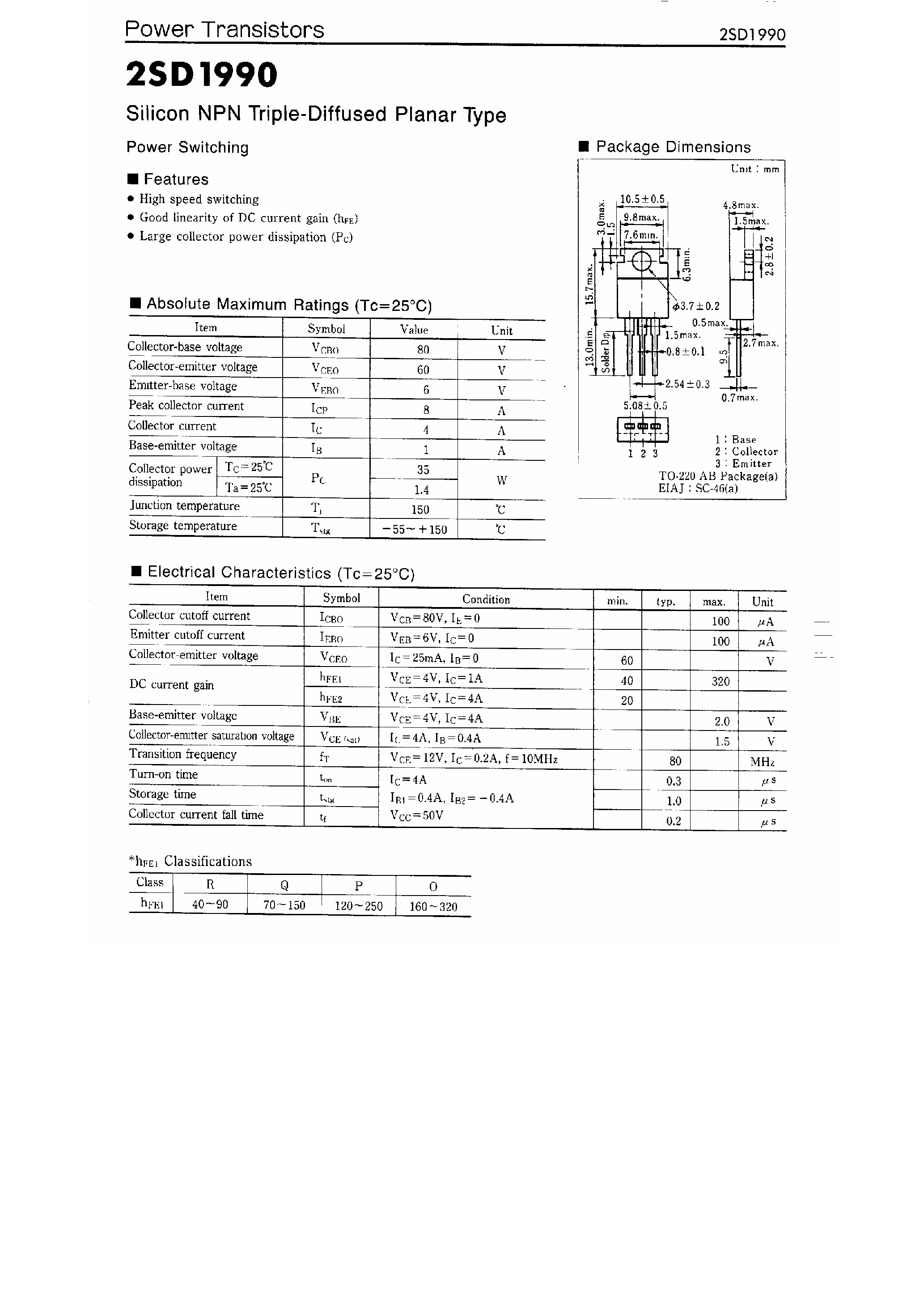 Даташит 2SD1990 - Silicon NPN Triple-Diffused Planar Type / Power Switching страница 1