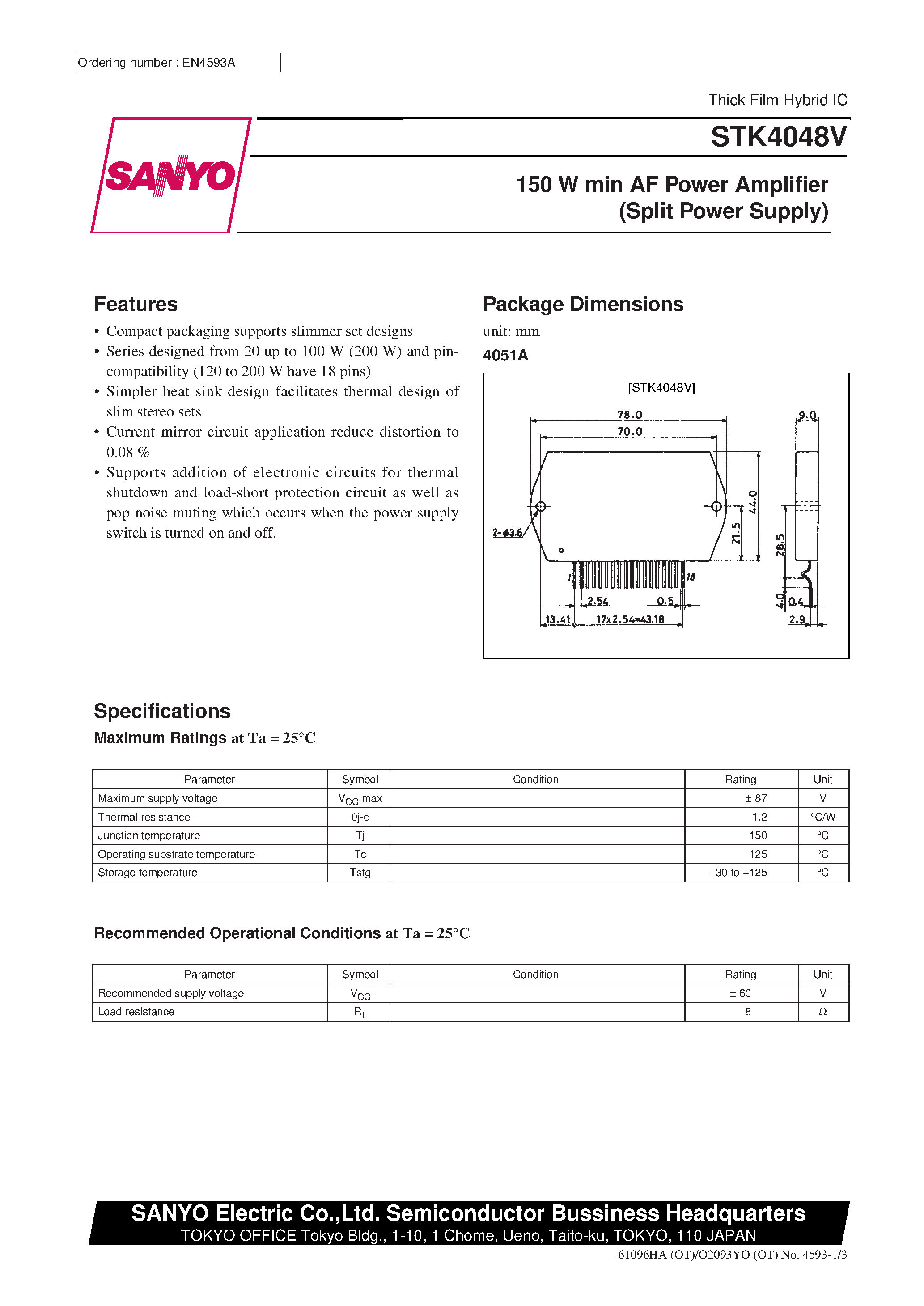 Datasheet STK4048V - 150 W min AF Power Amplifier page 1