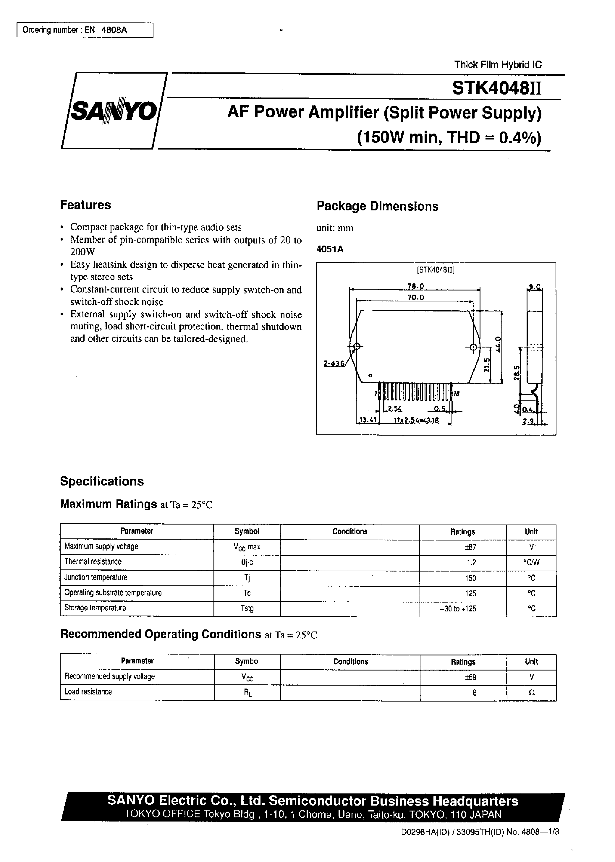 Datasheet STK4048II - AF Power Amplifier page 1