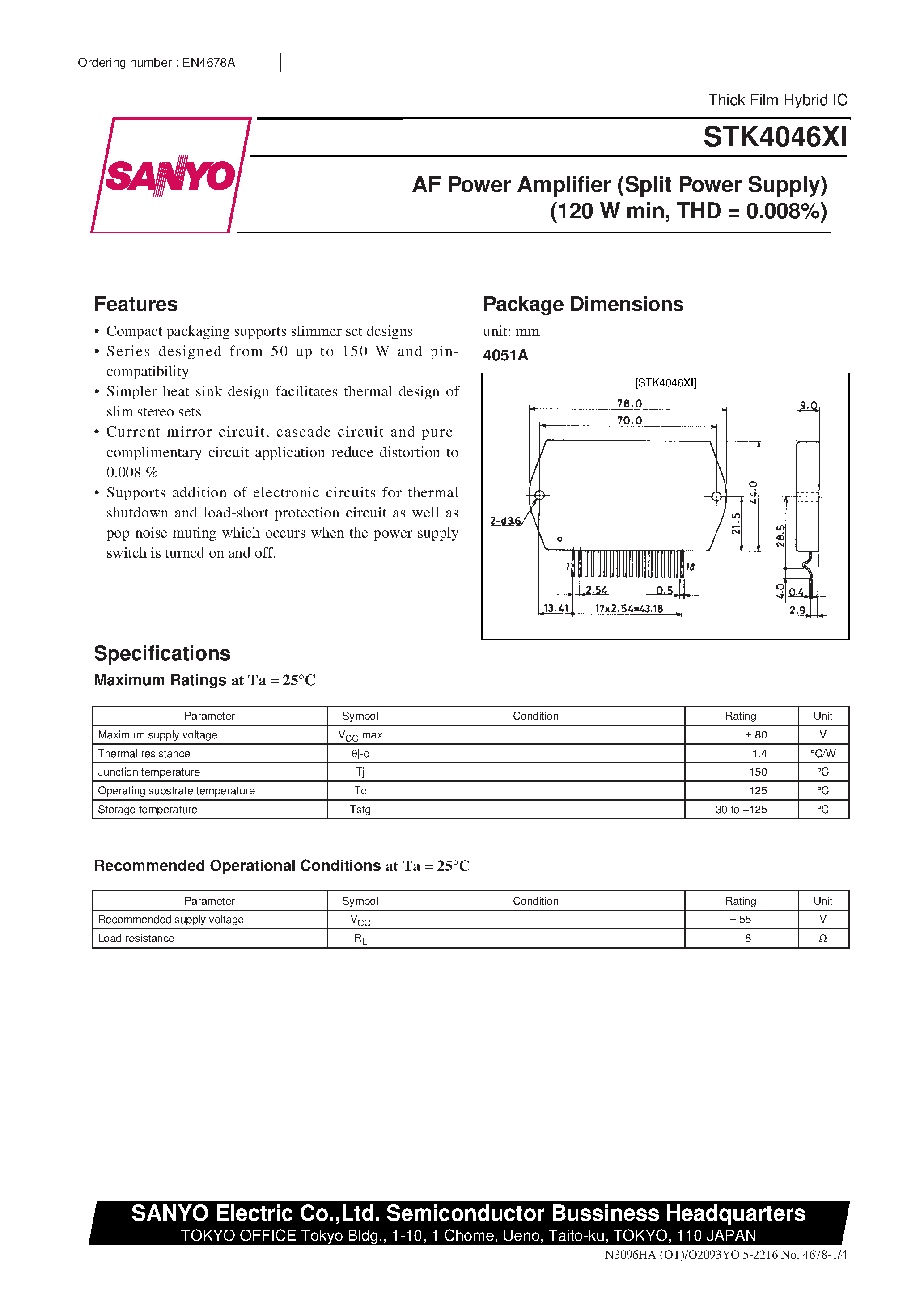 Datasheet STK4046XI - AF Power Amplifier page 1