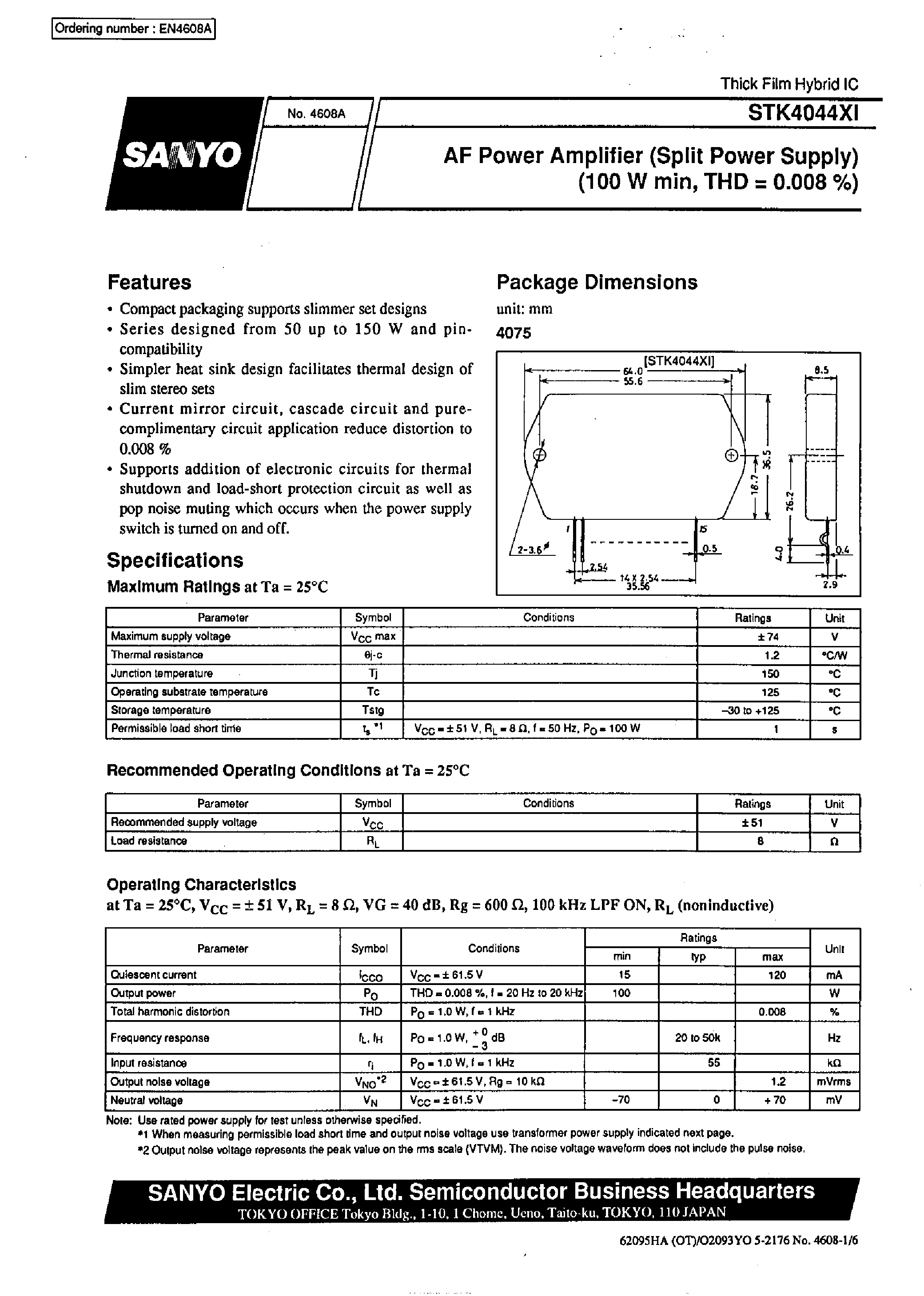 Datasheet STK4044XI - AF Power Amplifier page 1