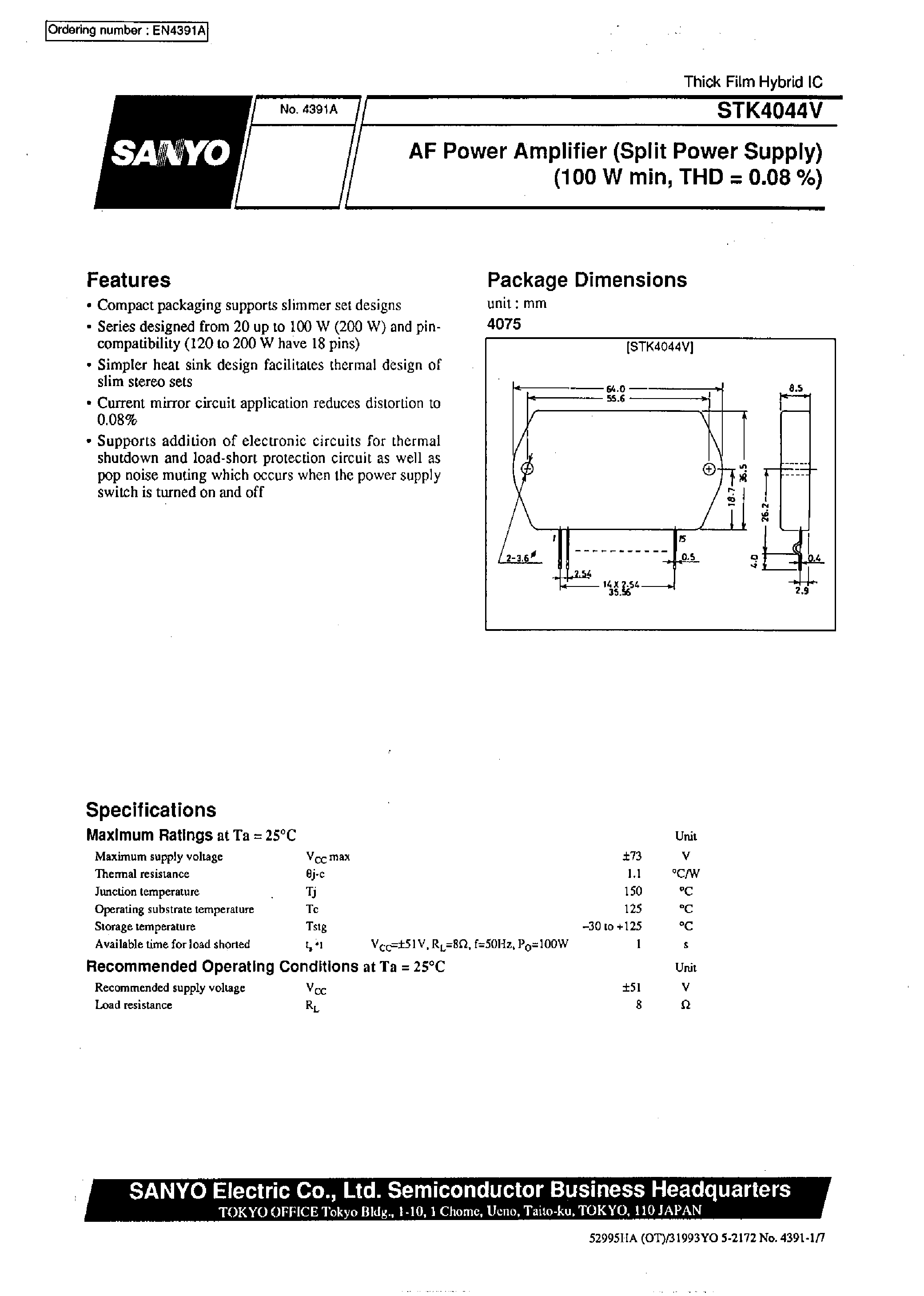 Datasheet STK4044V - AF Power Amplifier page 1