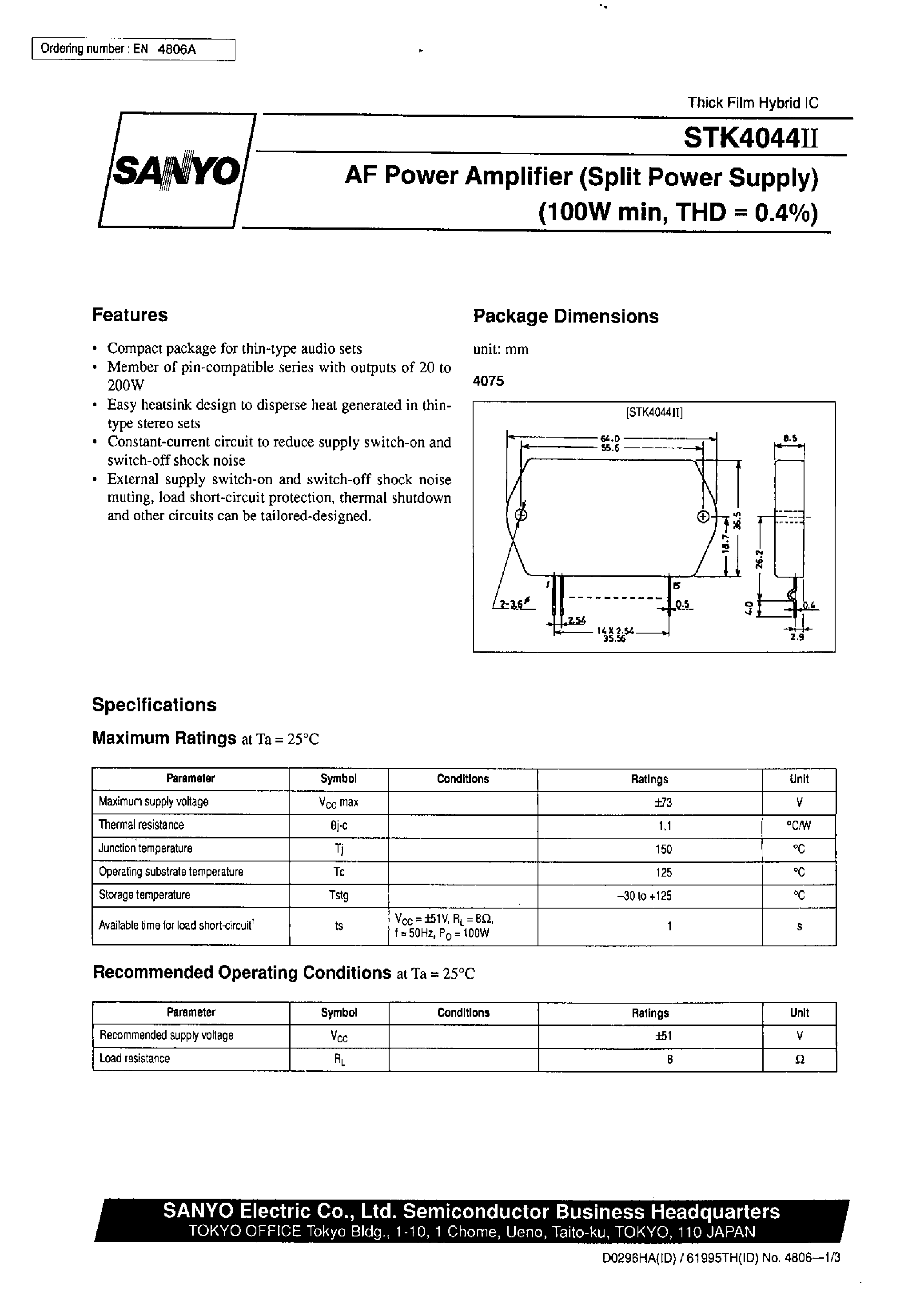 Datasheet STK4044II - AF Power Amplifier page 1