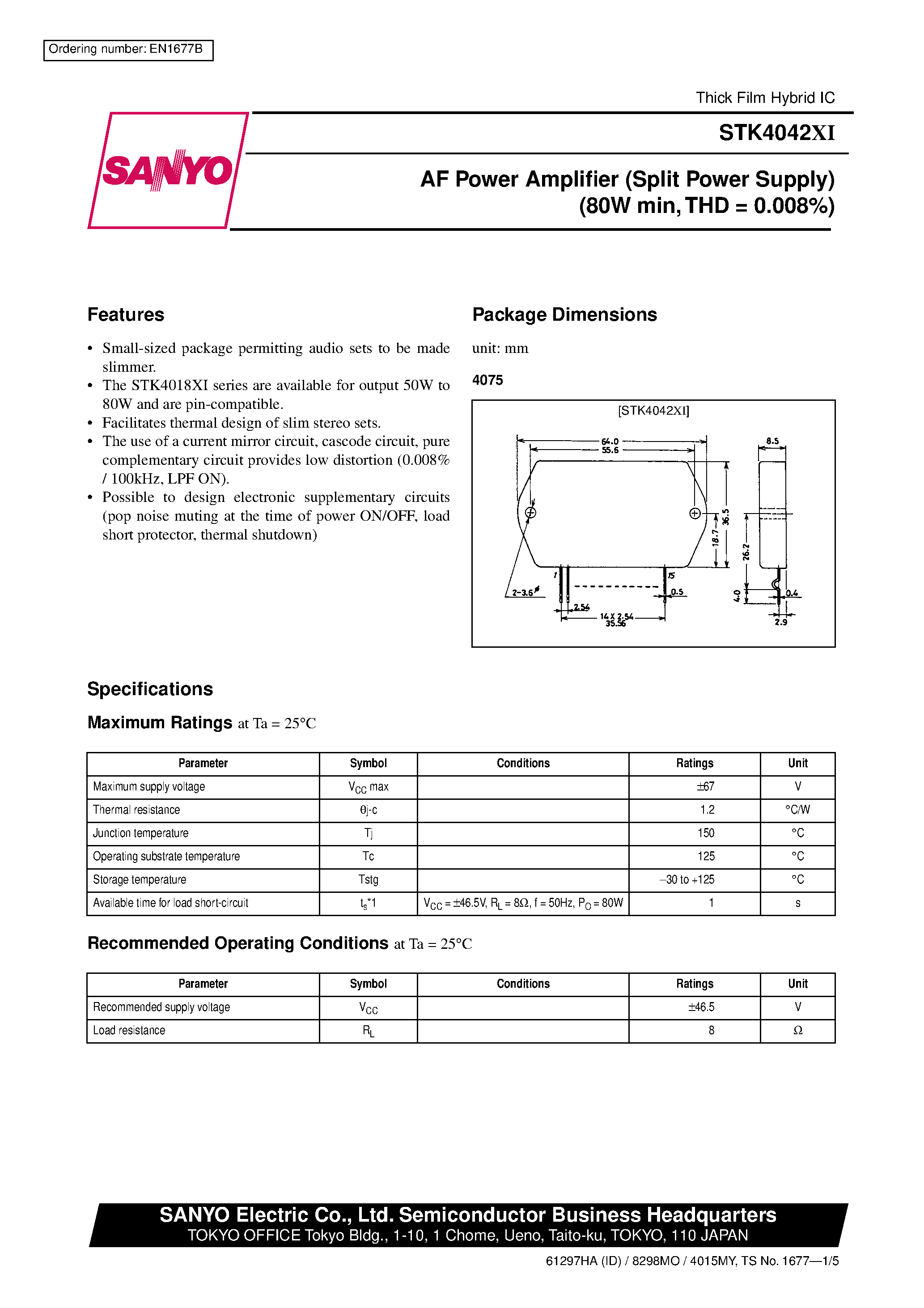 Datasheet STK4042XI - AF Power Amplifier page 1