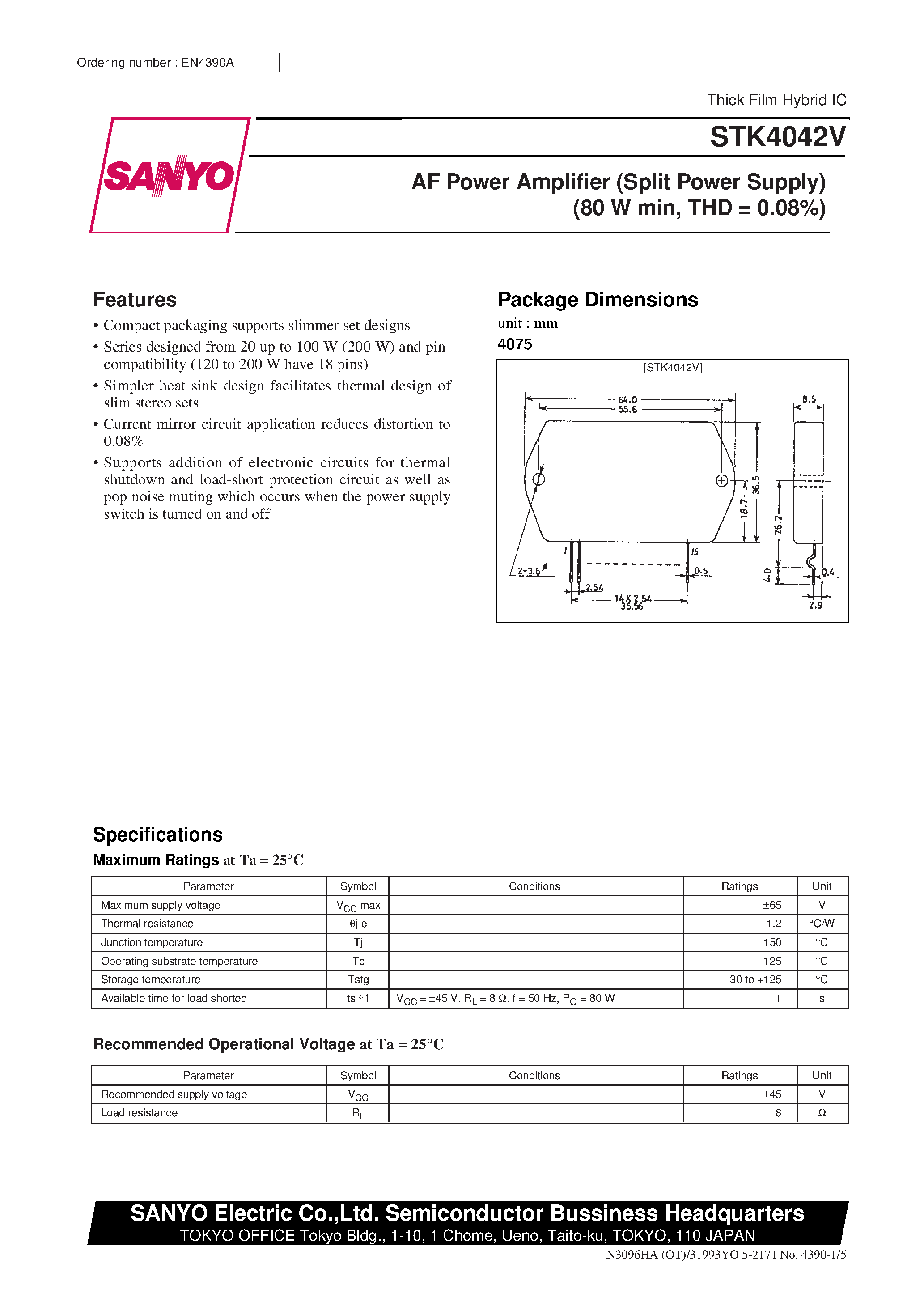 Datasheet STK4042V - AF Power Amplifier page 1