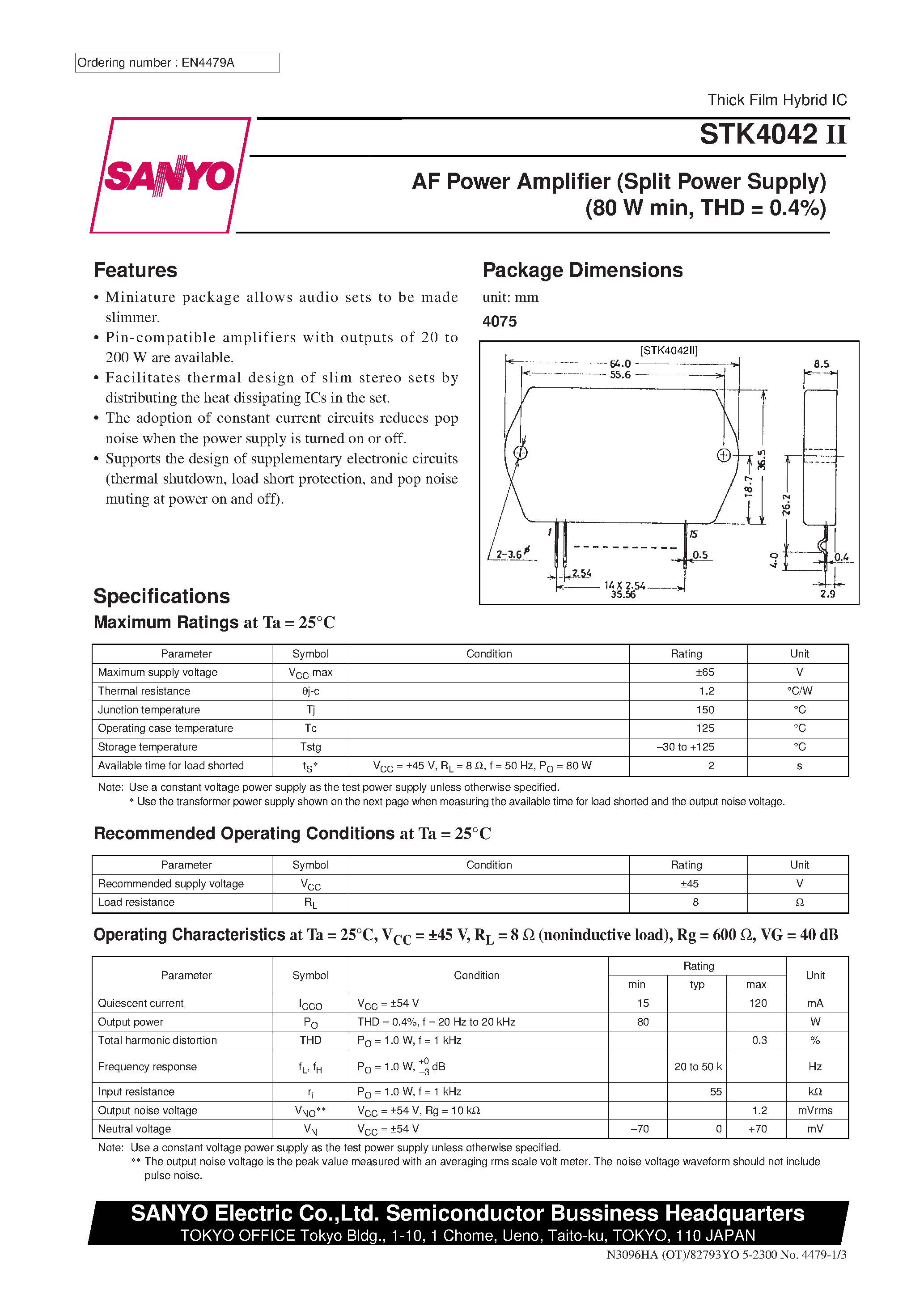 Datasheet STK4042II - AF Power Amplifier page 1