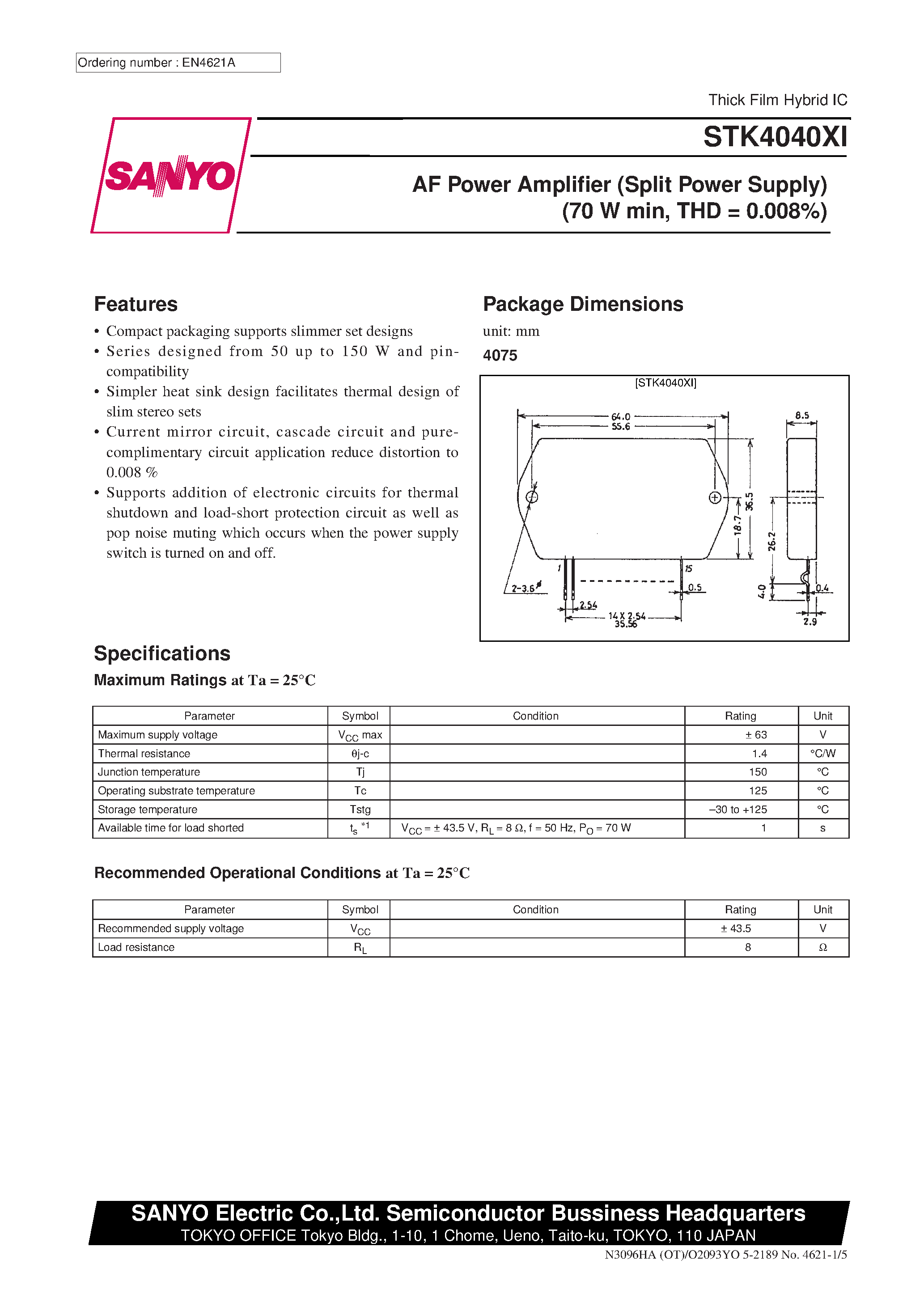 Datasheet STK4040XI - AF Power Amplifier page 1