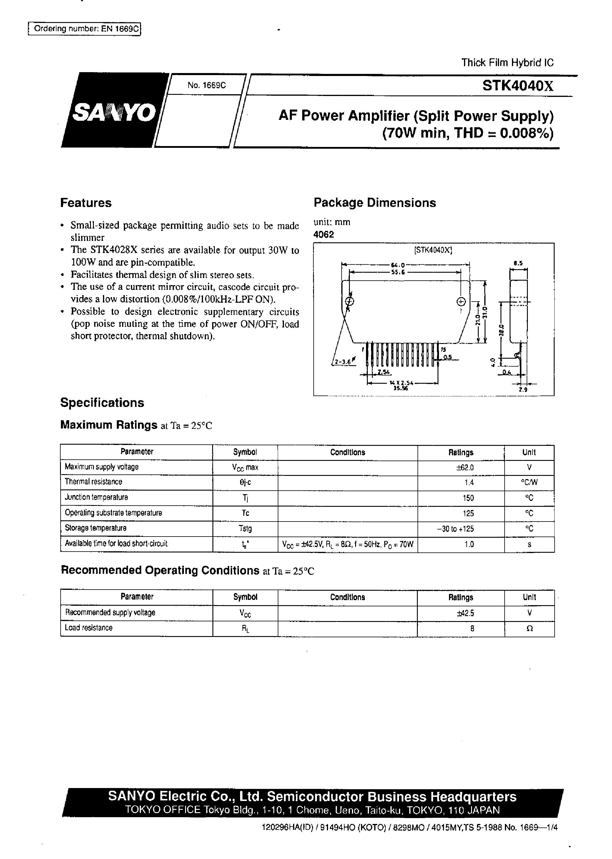 Datasheet STK4040X - AF Power Amplifier page 1