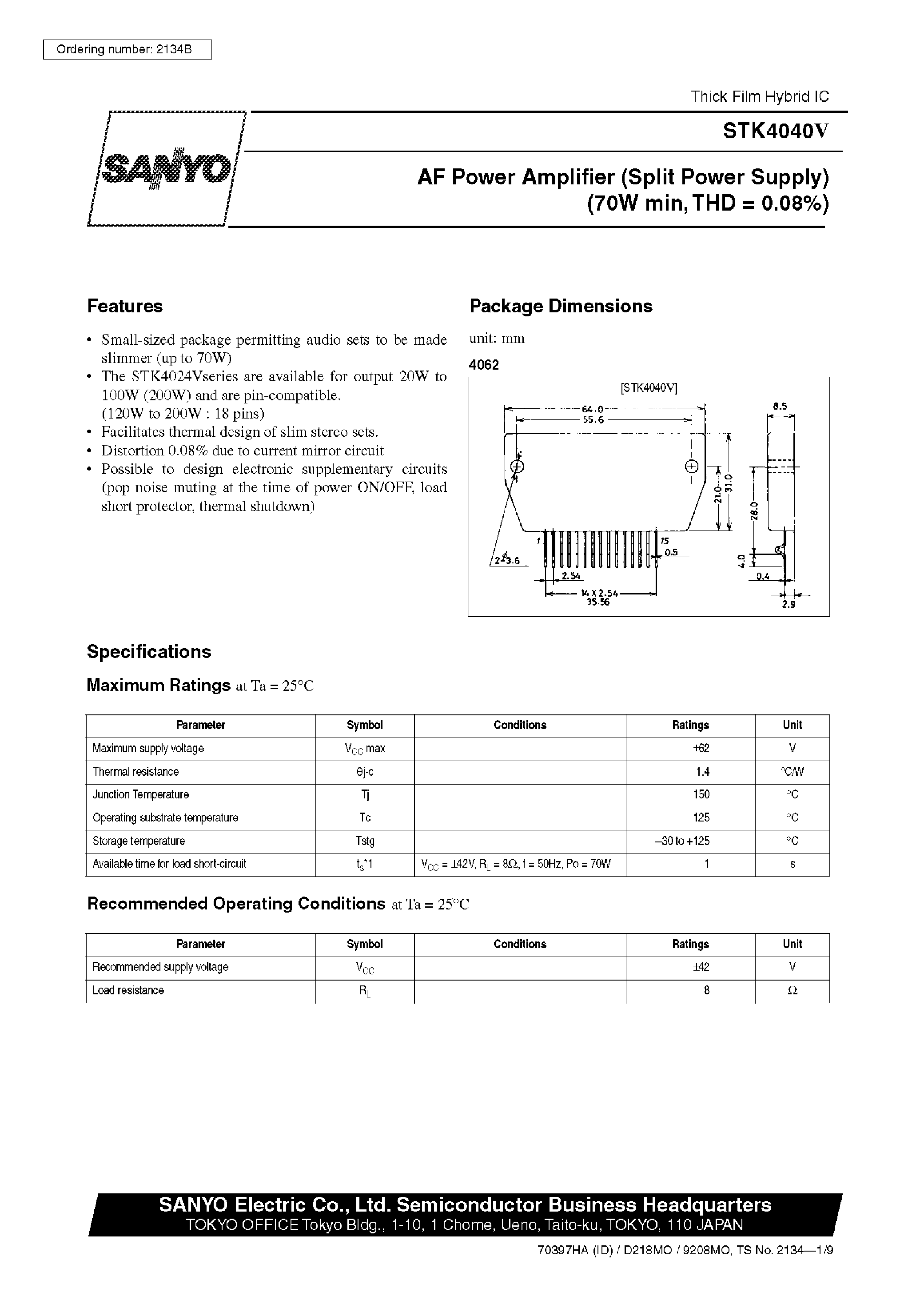 Datasheet STK4040V - AF Power Amplifier page 1