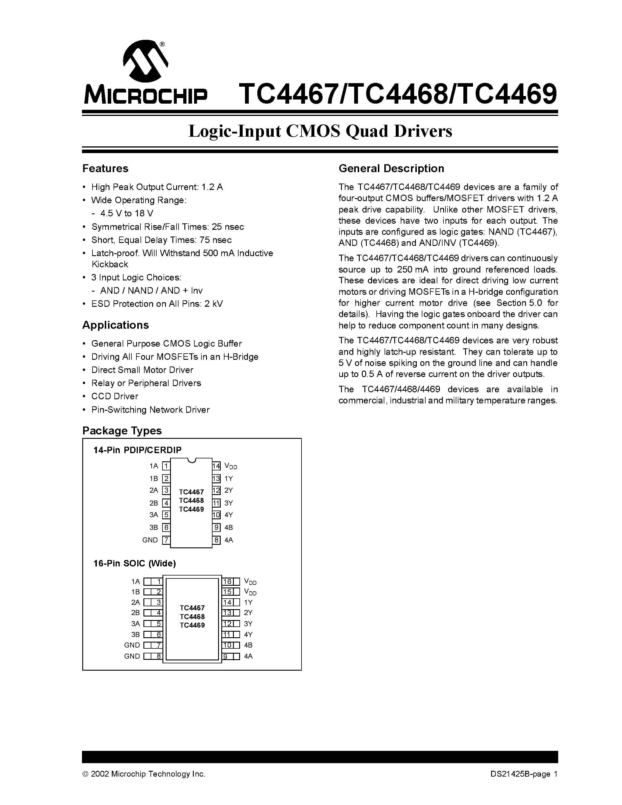 Даташит TC446x - Logic-Input CMOS Quad Drivers страница 1